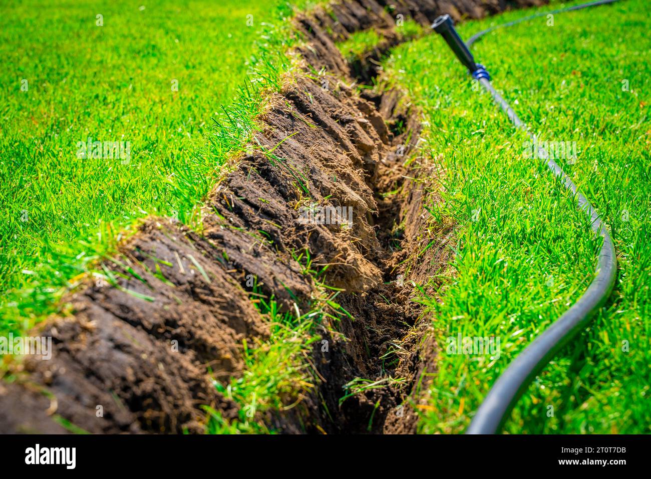 Installation eines ausfahrbaren Sprinklers im Rasen, Nahaufnahme. Integration Der Grasbewässerung Stockfoto