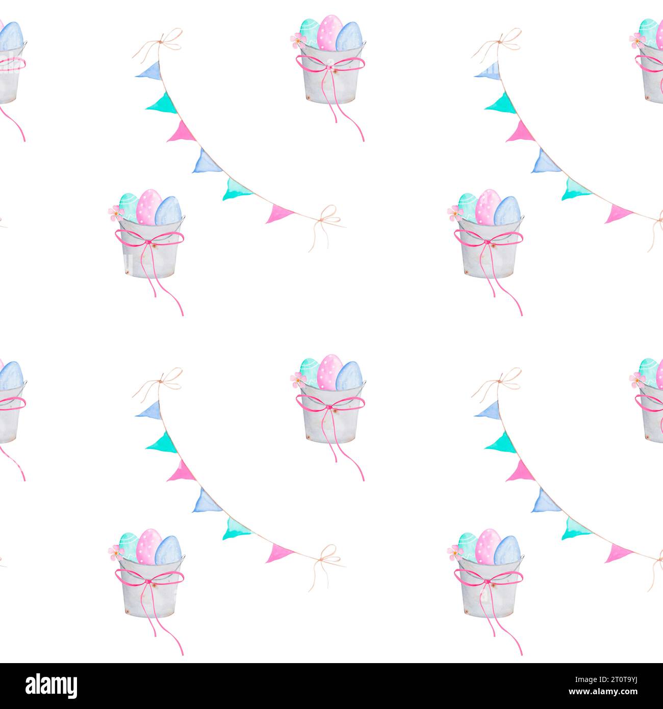 Nahtloses Aquarellmuster mit Ostereimer und farbenfrohen Eiern. Niedliches Muster zum Bedrucken von Textilien, Servietten, Urlaub Stockfoto