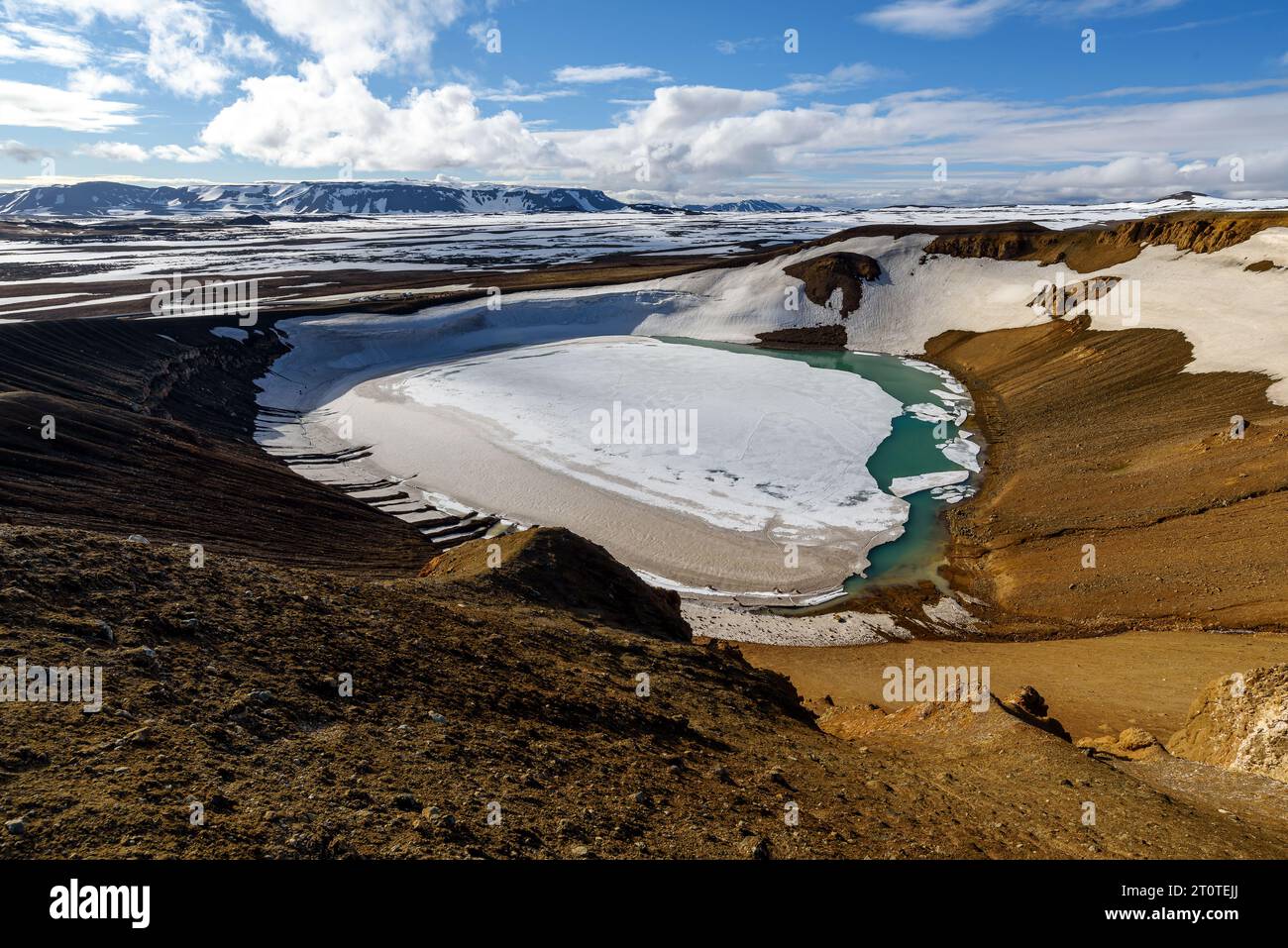 Viti-Krater und sein gefrorener See im Vulkankaldera Krafla (Island). Stockfoto