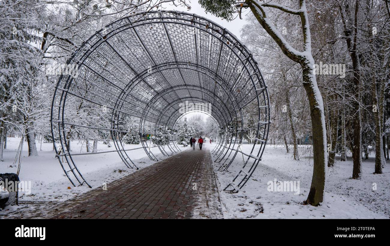 Gefrorene Kanal Winterlandschaft mit Tannen und schwerem Schnee bedeckt alles. Lutsk Park. Ukraine Stockfoto