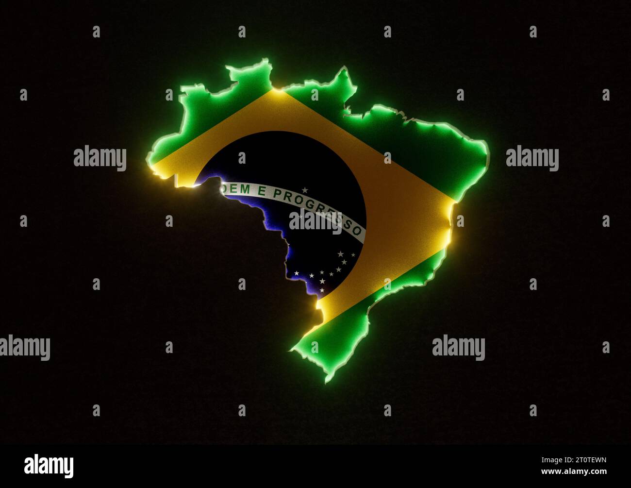 Die Form des Landes Brasilien im Rand beleuchtet in den Farben seiner Nationalflagge in einer dunklen Oberfläche - 3D-Rendering Stockfoto