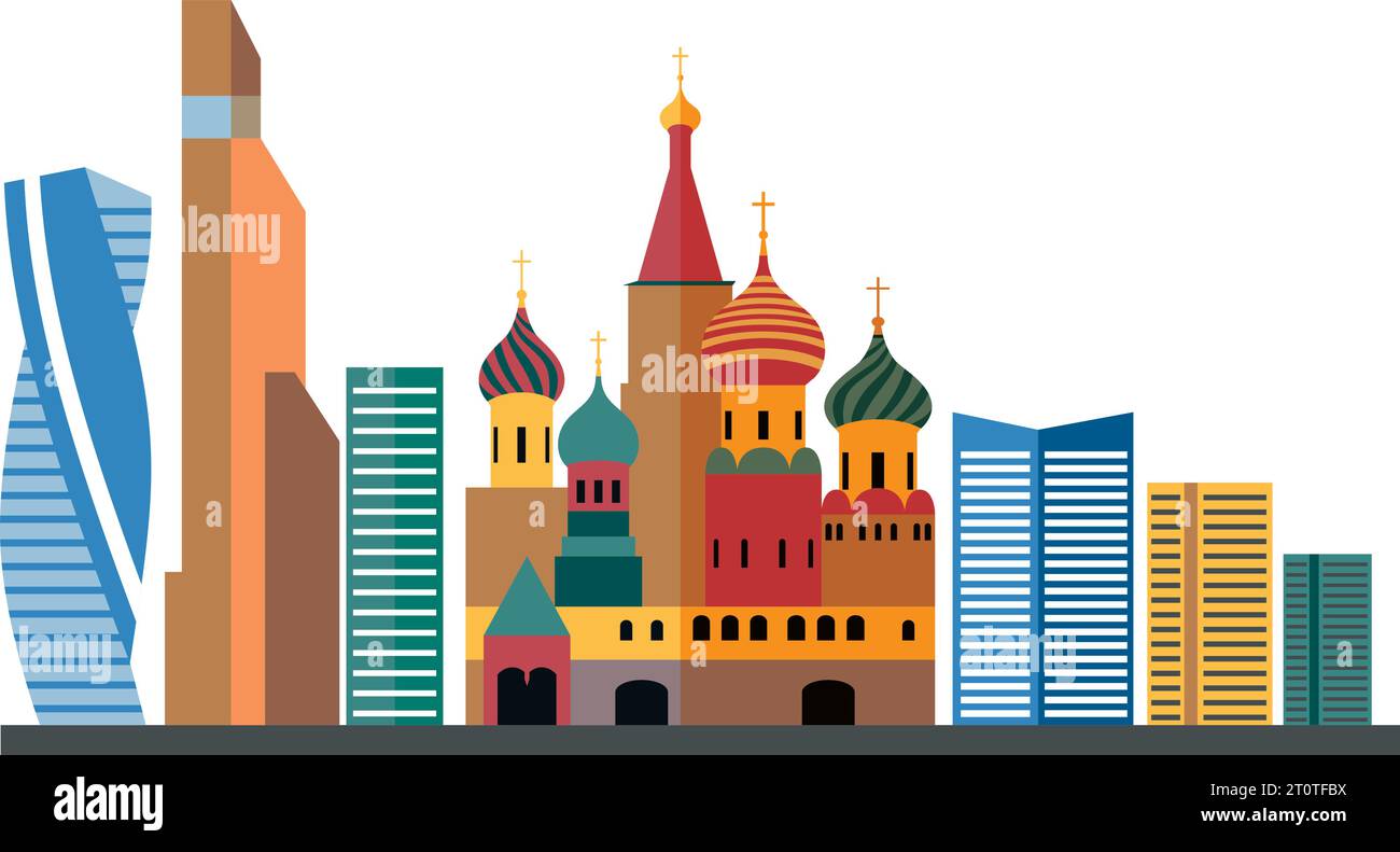 Einfache farbenfrohe flache Zeichnung des russischen Wahrzeichens der Skyline von MOSKAU, RUSSLAND Stock Vektor