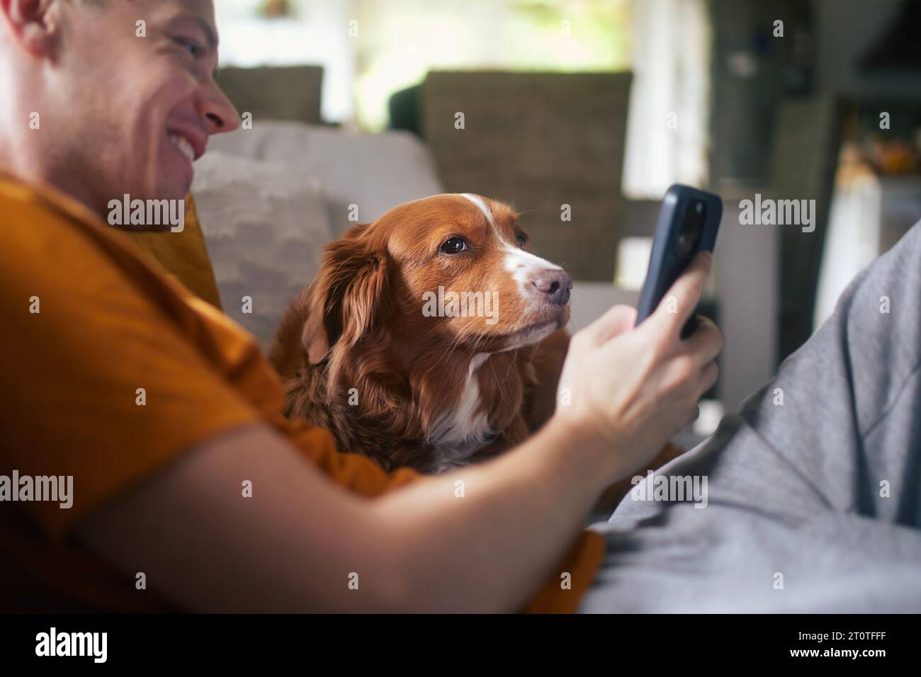 Mann sitzt auf Sofa mit Hund. Haustierbesitzer macht Selfie über das Handy mit seinem Nova Scotia Duck Tolling Retriever zu Hause. Stockfoto
