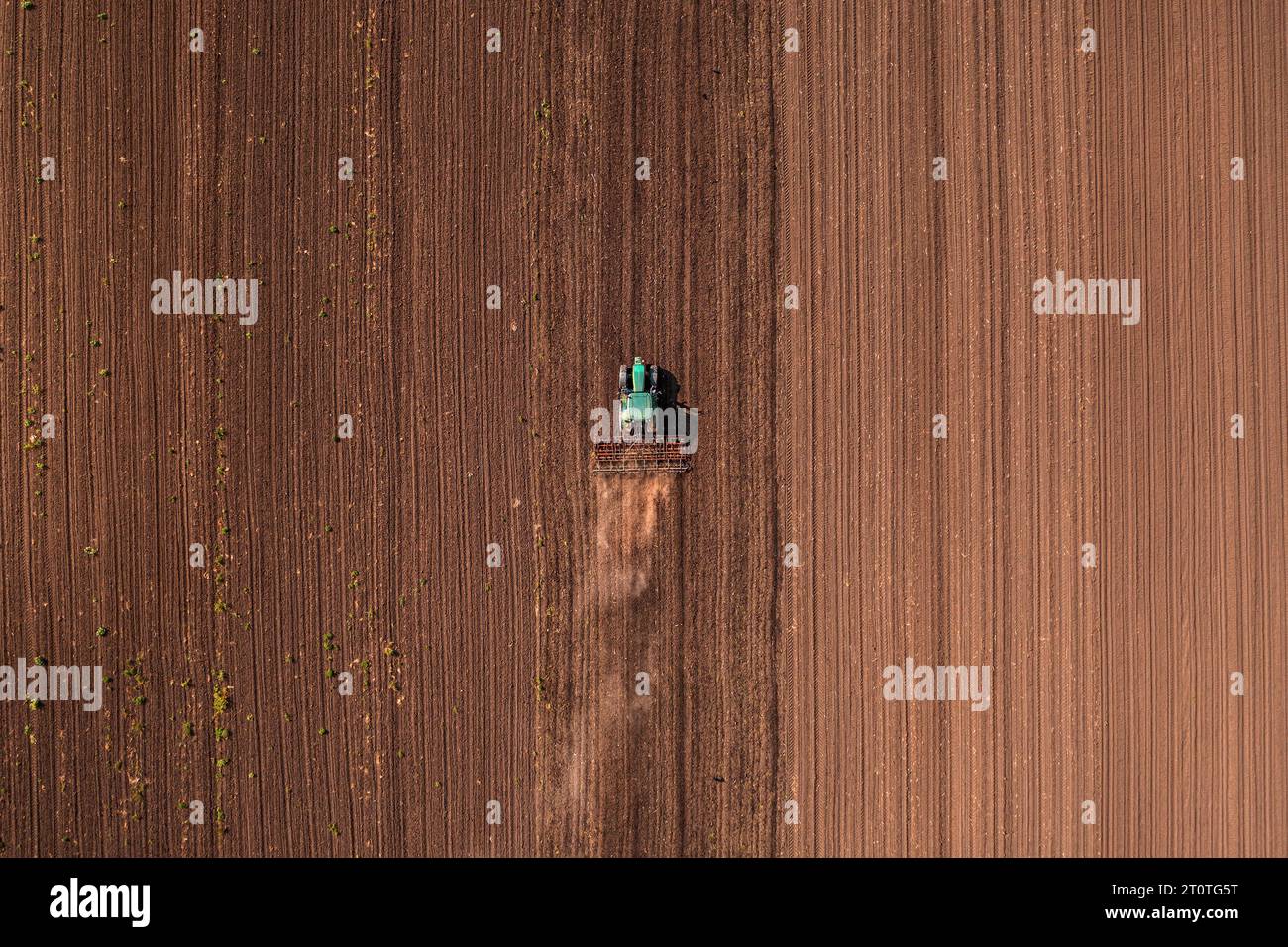 Landwirtschaftliches Zugfahrzeug mit angebrachter Deichsel, das die Bodenbearbeitung vor der Aussaat durchführt, Luftaufnahme vom pov der Drohne nach unten Stockfoto