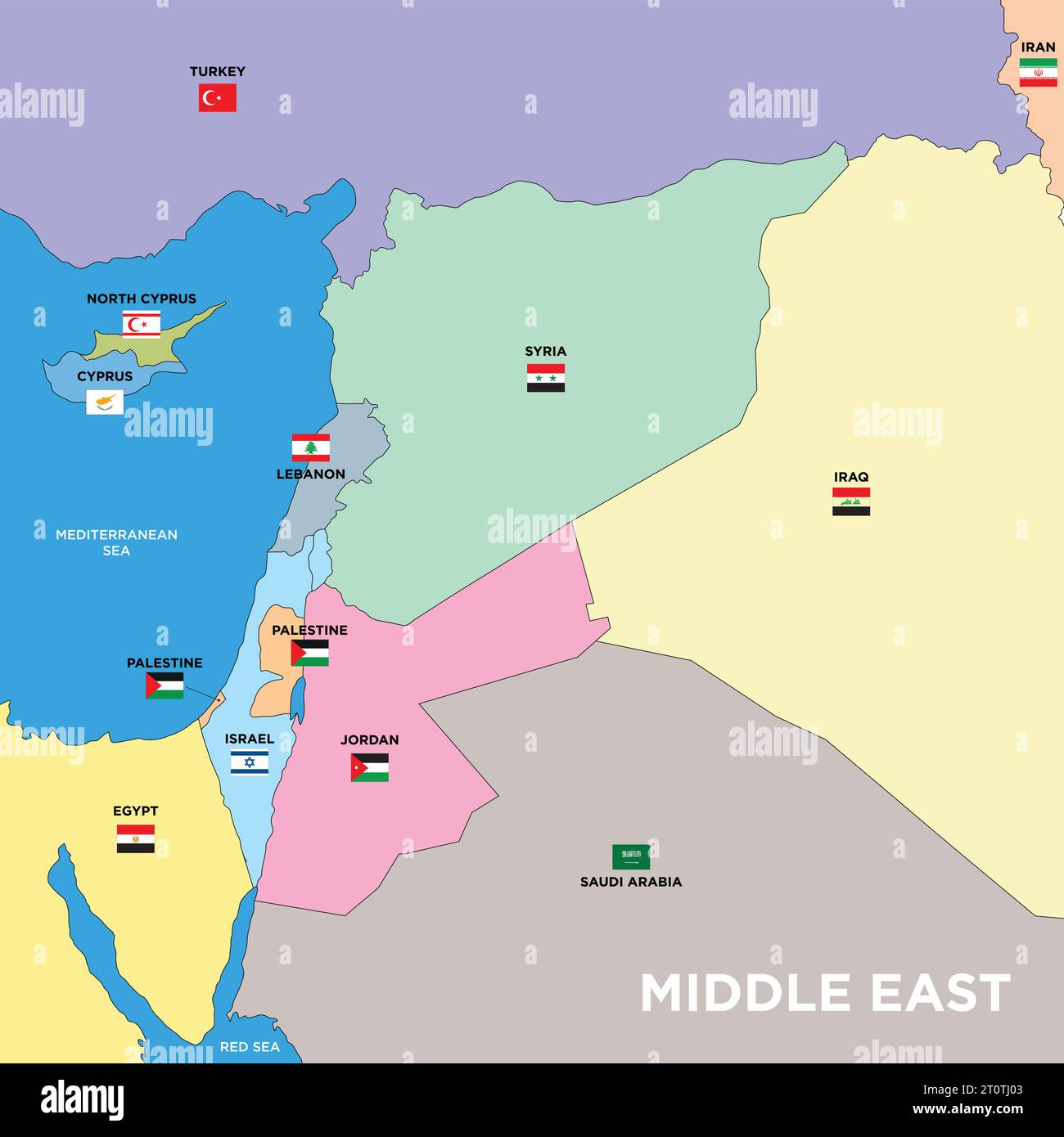 Naher Osten, stilisierte Karte mit Flaggen und Staatsgrenzen, Vektorillustration Stock Vektor