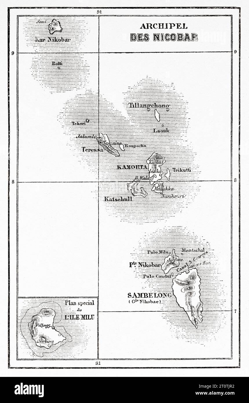 Alte Karte der Nikobar-Inseln, Indischer Ozean. Alter Stich aus dem 19. Jahrhundert aus Le Tour du Monde 1860 Stockfoto