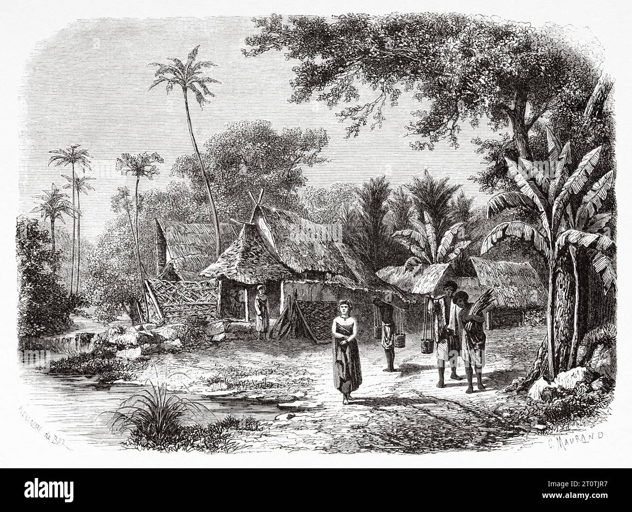 Landschaft eines Dorfes im Inneren der Insel Java, Indonesien. Südostasien. Alter Stich aus dem 19. Jahrhundert aus Le Tour du Monde 1860 Stockfoto