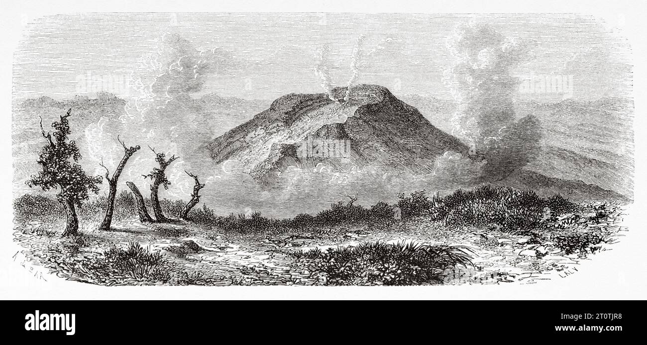 Vulkan auf der Insel Java, Indonesien. Südostasien. Alter Stich aus dem 19. Jahrhundert aus Le Tour du Monde 1860 Stockfoto