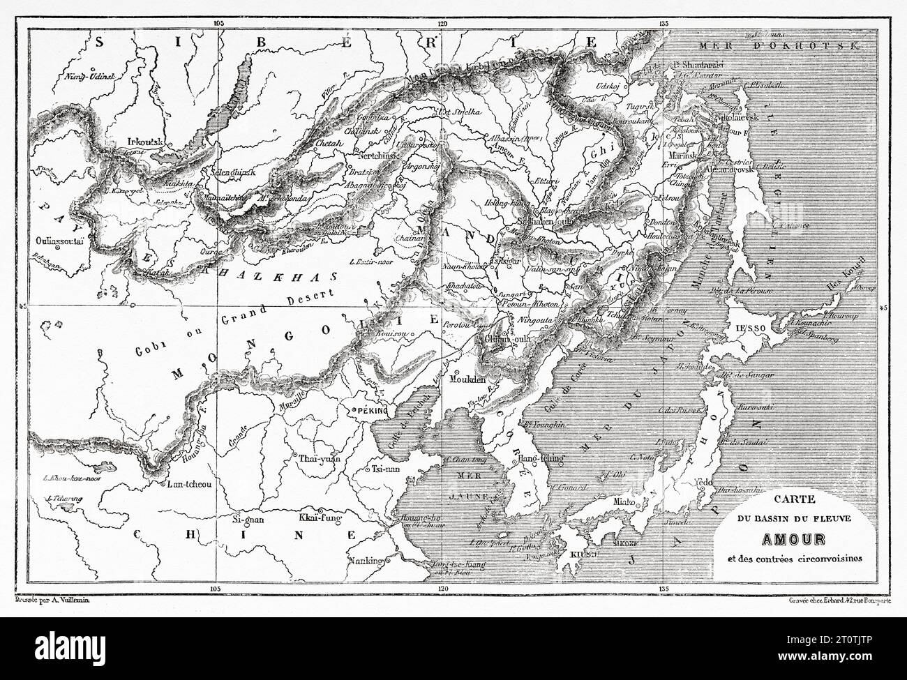 Amur Flussbecken alte Karte, Nordostchina. Alter Stich aus dem 19. Jahrhundert aus Le Tour du Monde 1860 Stockfoto