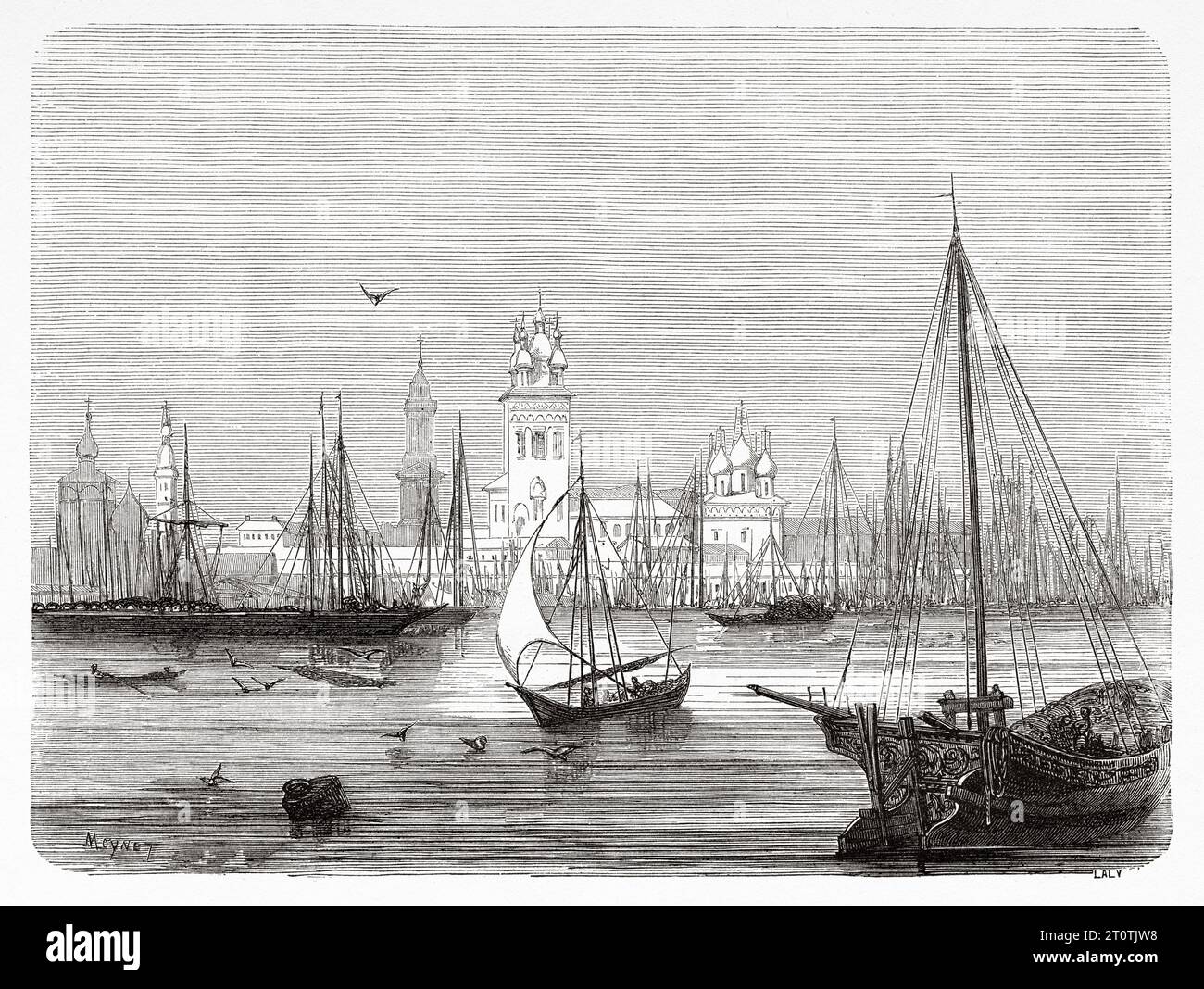 Alte Sicht auf Astrachan, südeuropäisches Russland. Reise an die Kaspische Küste im Jahr 1858. Alter Stich aus dem 19. Jahrhundert aus Le Tour du Monde 1860 Stockfoto