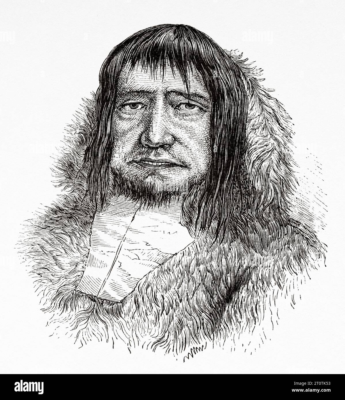 Eskimo man, Arktis-Erkundungen in den Jahren 1853, 1854, 1855 von Elisha Kent Kane. Alter Stich aus dem 19. Jahrhundert aus Le Tour du Monde 1860 Stockfoto