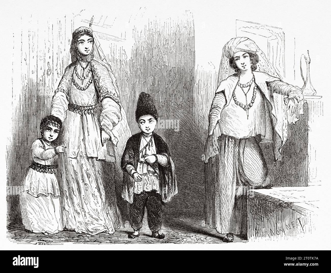 Frauen und Kinder in traditionellen Trachten von Baku. Aserbaidschan. Reise zum Schwarzen Meer und zum Kaspischen Meer 1858 mit Moynet. Alter Stich aus dem 19. Jahrhundert aus Le Tour du Monde 1860 Stockfoto