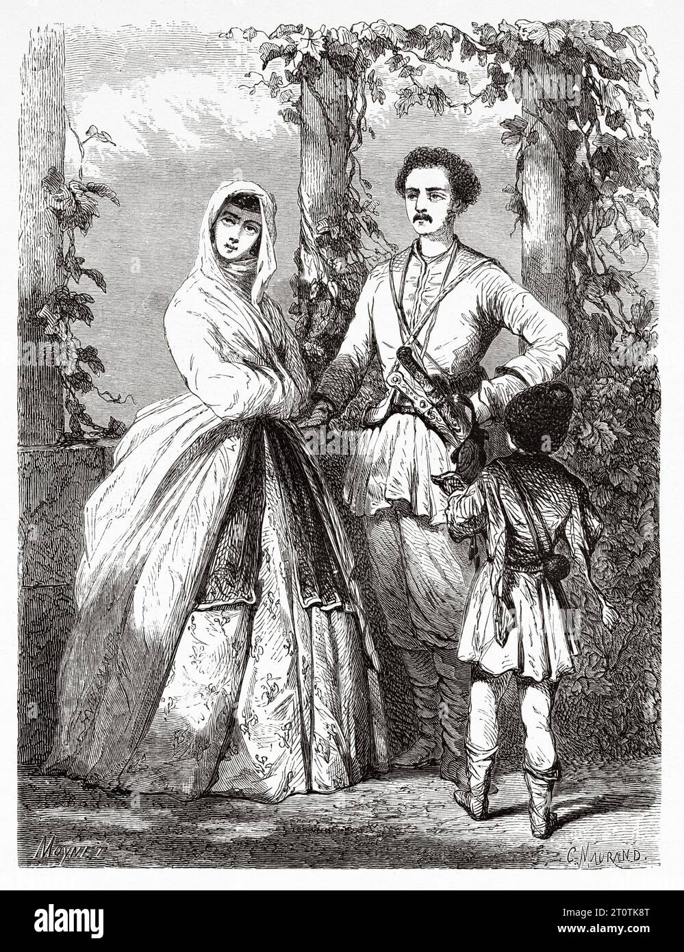 Georgische Kostüme, Georgien. Reise zum Schwarzen Meer und zum Kaspischen Meer 1858 mit Moynet. Alter Stich aus dem 19. Jahrhundert aus Le Tour du Monde 1860 Stockfoto
