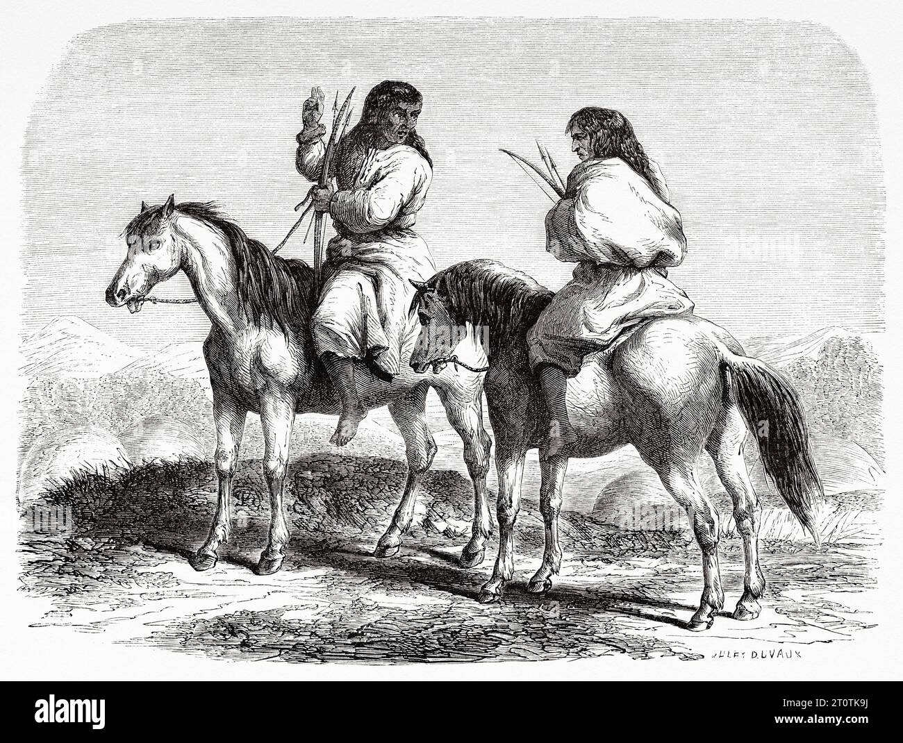 Einheimische Comanchen-Indianer zu Pferd. USA. Reise von Heinrich Balduin Mollhausen vom Mississippi an die Ufer des Pazifischen Ozeans 1853–1854. Alter Stich aus dem 19. Jahrhundert aus Le Tour du Monde 1860 Stockfoto