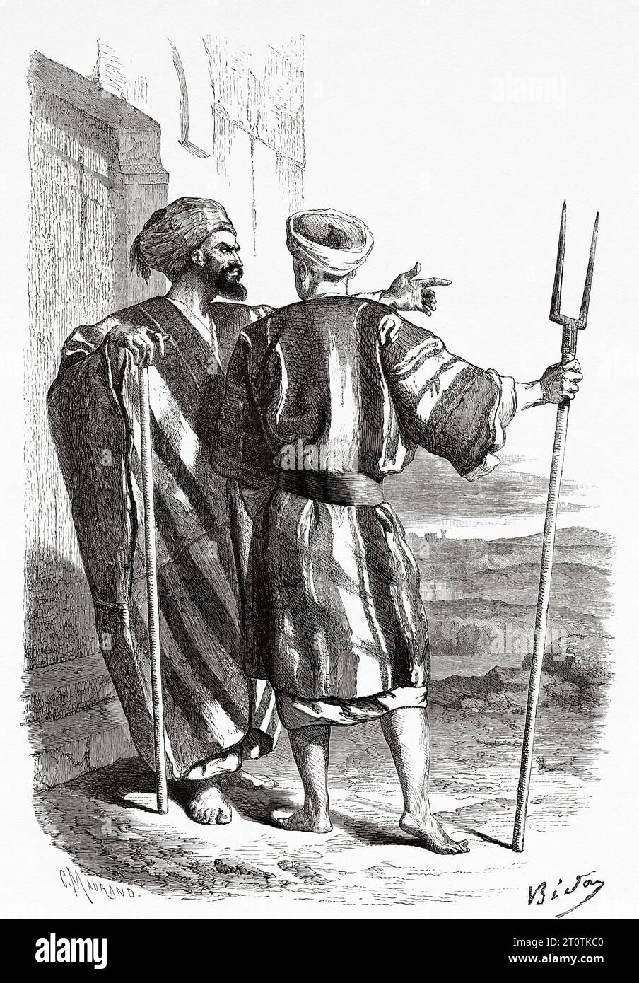 Zwei Einwohner von Bethlehem. Reise in Palästina, 1856-1859. Alter Stich aus dem 19. Jahrhundert aus Le Tour du Monde 1860 Stockfoto