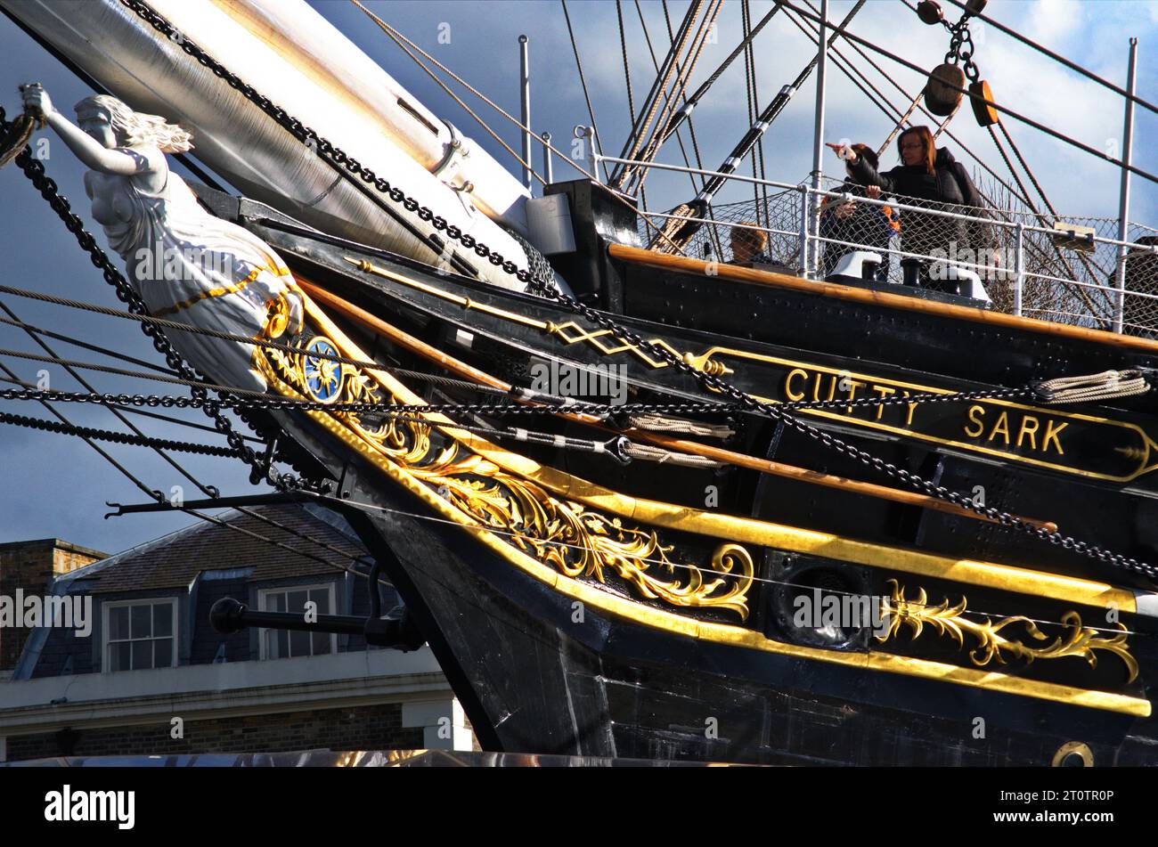 Nautische Galionsfigur am Bug von Cutty Sark, Greenwich, London, Großbritannien. Stockfoto