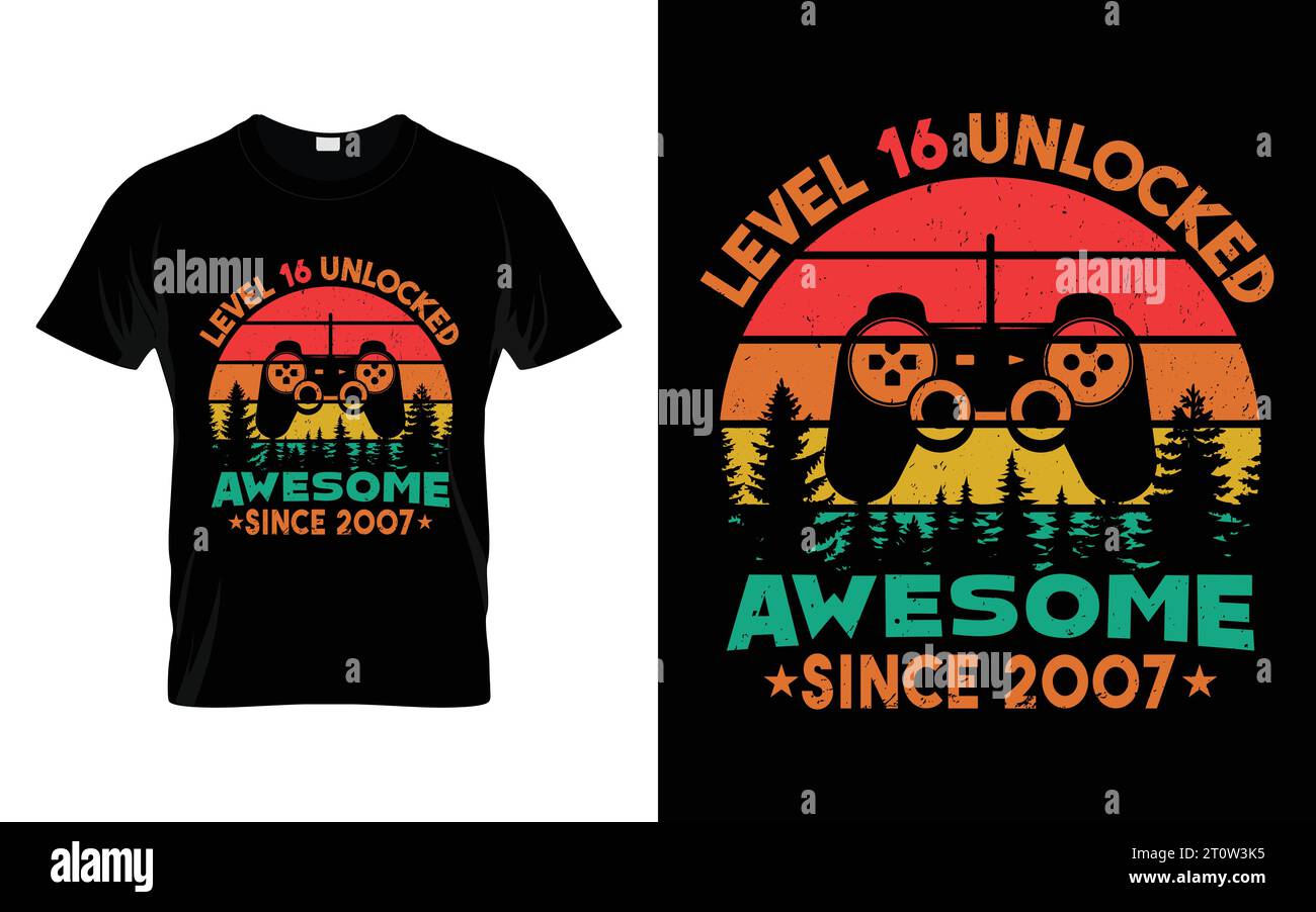 Level 16 freigeschaltet fantastisches seit 2007 lustiges Video Gaming Geschenk T-Shirt Stock Vektor