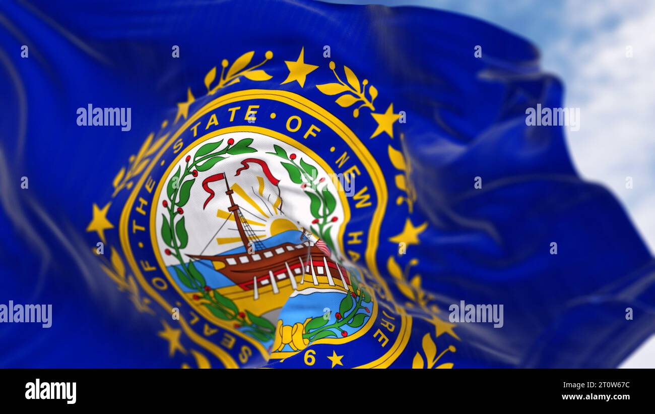 Nahaufnahme der New Hampshire State Flag, die im Wind winkt. Dunkelblauer Hintergrund mit einem Staatssiegel in der Mitte. 3D-Darstellung. Selektiver Fokus Stockfoto