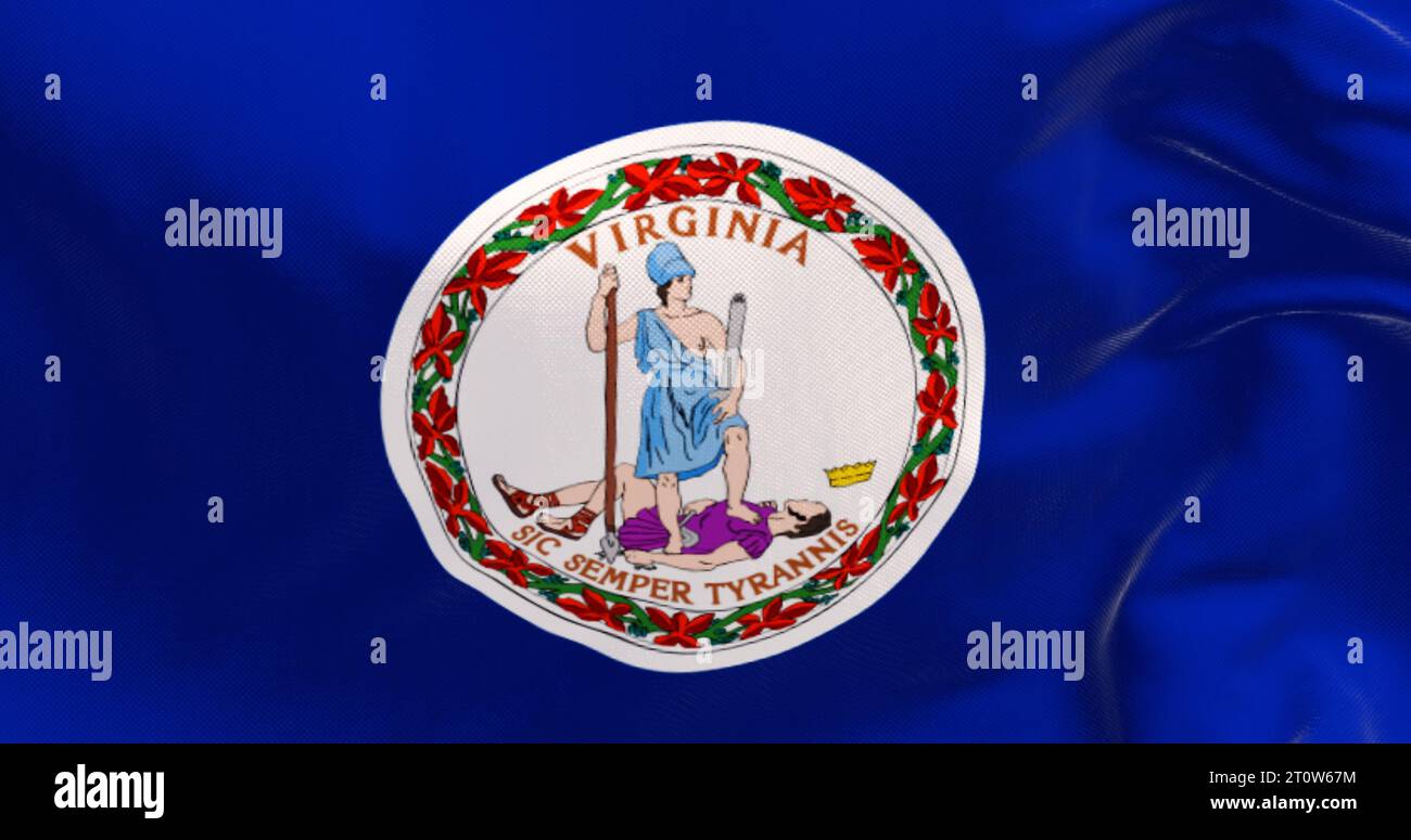 Nahaufnahme der Virginia-Staatsflagge, die im Wind winkt. Staatssiegel inmitten eines dunkelblauen Hintergrunds. 3D-Darstellung. Strukturierter Hintergrund. R Stockfoto