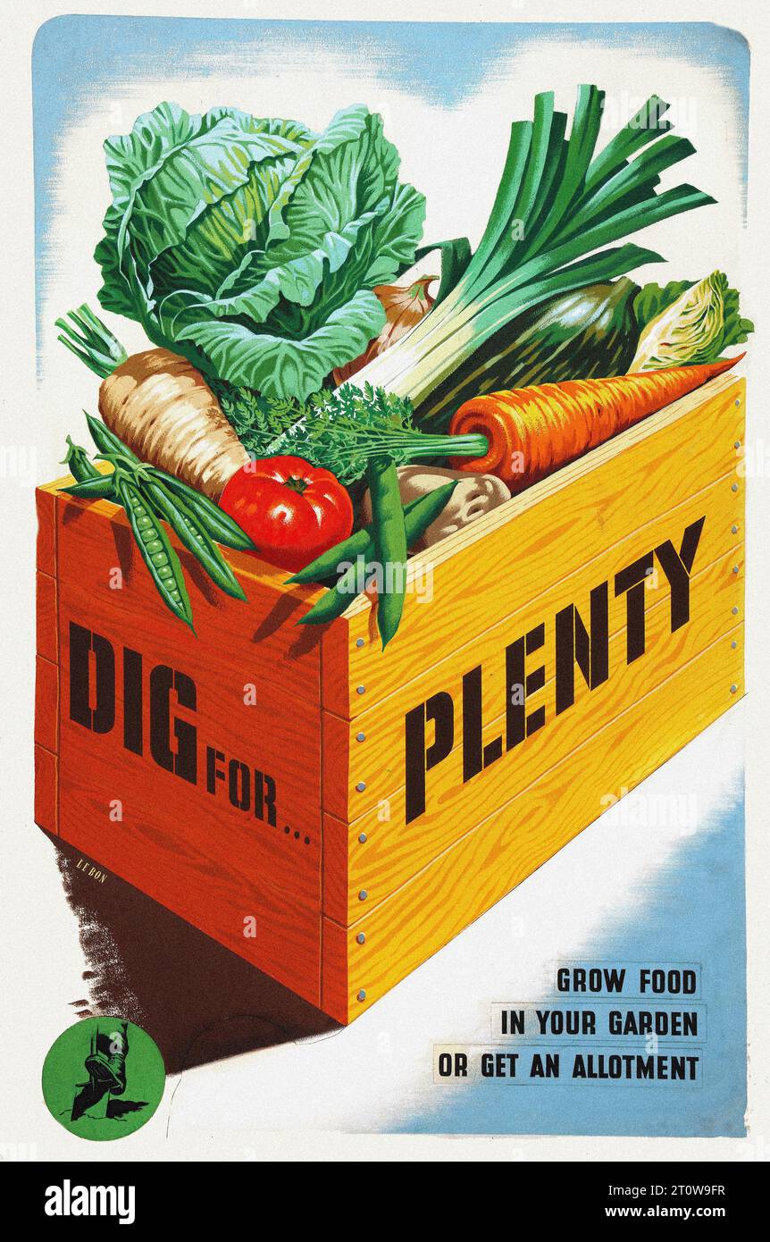 Britische Propaganda , Ära des Zweiten Weltkriegs - „Dig for Plenty. Pflanzen Sie Lebensmittel in Ihrem Garten an oder besorgen Sie sich ein Kleinvieh.“ Das ist ein britisches Propagandaplakat aus dem Zweiten Weltkrieg Es verfügt über eine Holzkiste mit frischem Gemüse, einschließlich Kohl, Karotten und Tomaten. Auf der Kiste steht in Fettschrift „Dig for Plenty“. Der Hintergrund ist ein hellblauer Himmel. Das Poster ist im Vintage-Stil gehalten Stockfoto