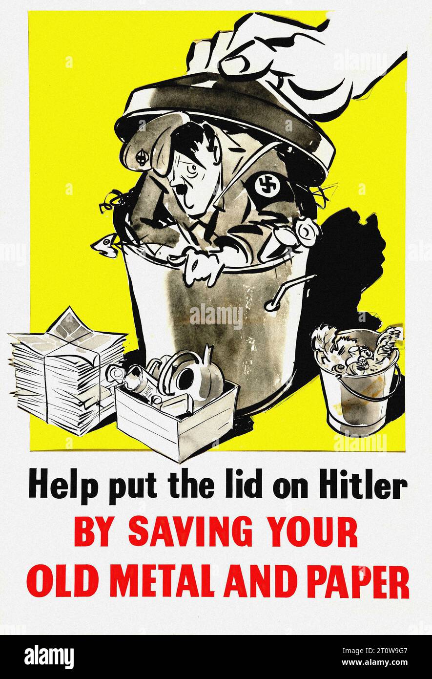 Britische Propaganda , Ära des Zweiten Weltkriegs - „Helfen Sie, Hitler den Deckel zu schließen, INDEM SIE IHR ALTES METALL UND PAPIER RETTEN“ Dies ist ein britisches Propagandaplakat aus dem Zweiten Weltkrieg Es zeigt einen Cartoon von Adolf Hitler in einem Mülleimer mit einem Deckel auf ihn. Der Text ermutigt die Menschen, ihr altes Metall und Papier zu retten, um den Kriegsanstrengungen zu helfen. Der Stil ist auffällig und grafisch mit einer begrenzten Farbpalette von Gelb, Schwarz und weiß. Stockfoto