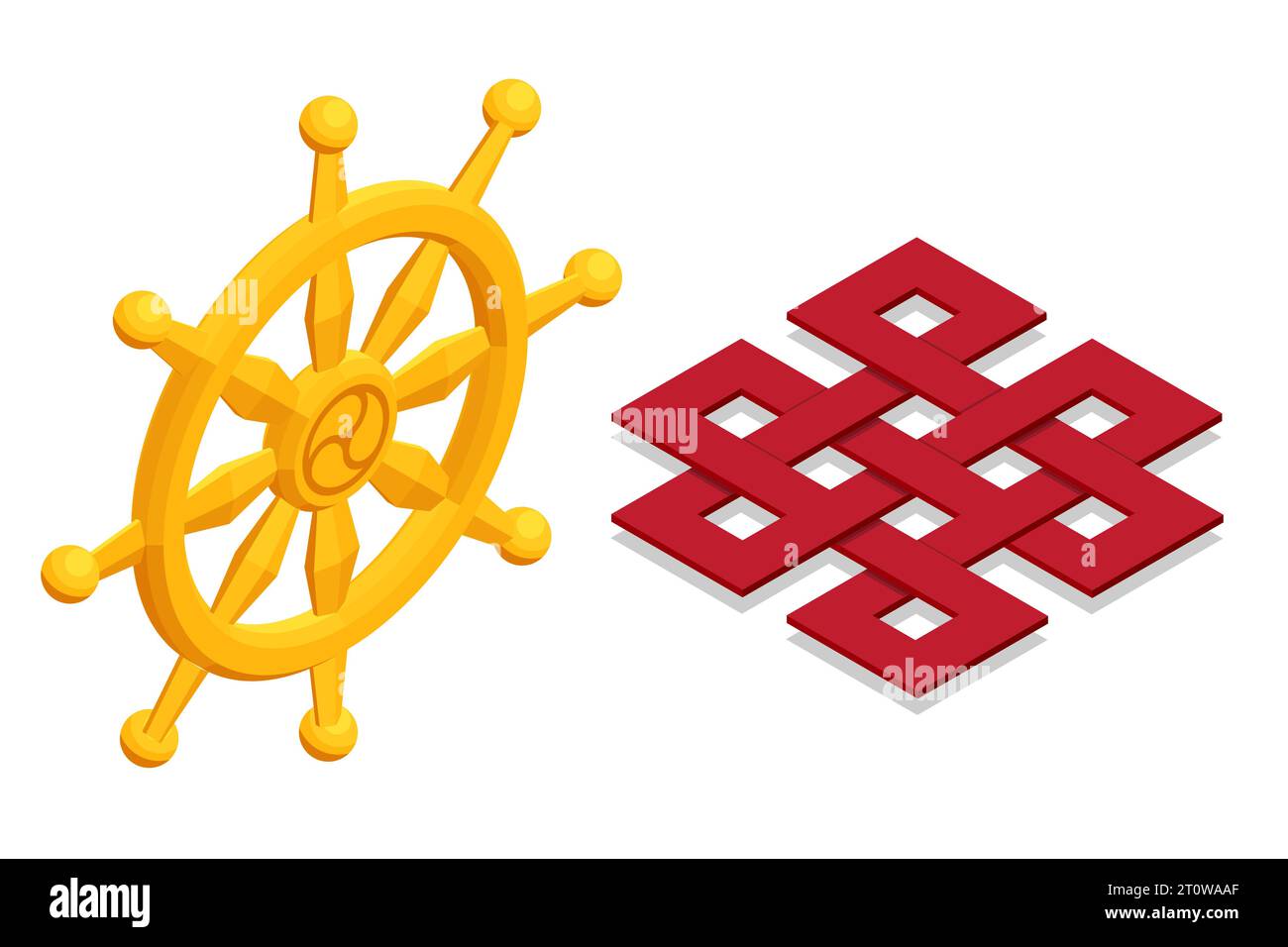 Iometrische buddhistische Mönche, Budhist endlose Knoten Kreis Budhismus Symbol Goldmünze. Dharmachakra-Dharma-Rad-Symbol im Buddhismus. Stock Vektor