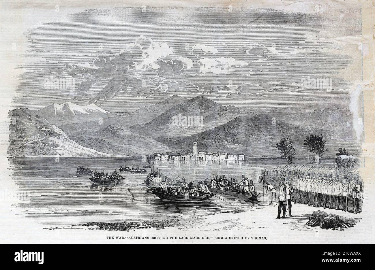 Der zweite italienische Unabhängigkeitskrieg 1859: Österreichische Truppen überquerten den Lago Maggiore am 30. April 1859, um die Sardinier anzugreifen. Black and White Illustration from the London Illustrated News; 24. Juni 1859. Stockfoto