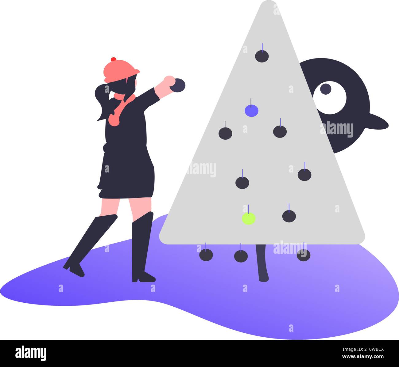 Mädchen in schwarzem Mantel und rotem Hut mit einem Weihnachtsbaum in den Händen. Stock Vektor