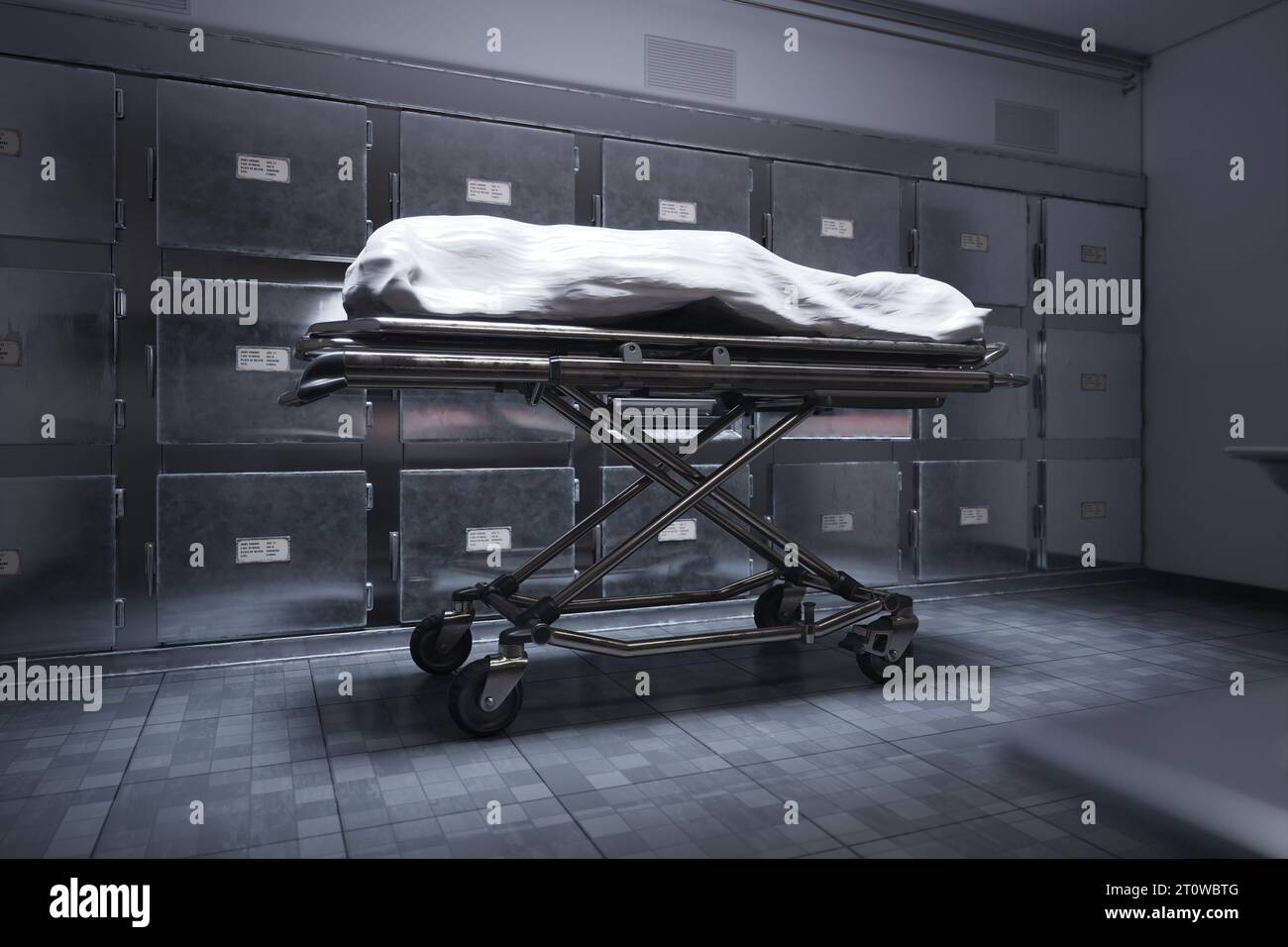 Ein Bild zeigt die Leiche, bedeckt mit einem weißen Tuch in der Leichenhalle. Warten auf die Beerdigung oder Dissektion. Der Raum ist mit Leichenhalle ausgestattet Stockfoto