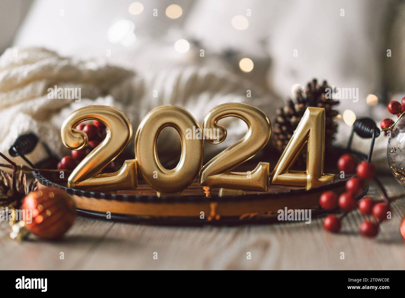Frohe Neue Jahre 2024. Weihnachtsfeier. Neujahrskonzept Stockfotografie 