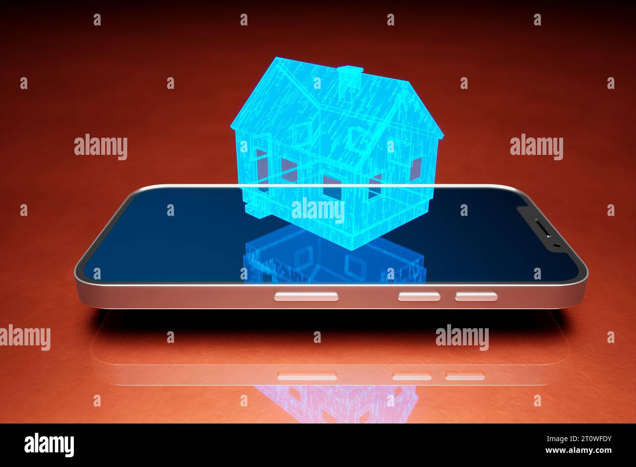 Symbol für moderne Heimtechnik. Das blaue virtuelle Haus über dem Smartphone. Stockfoto