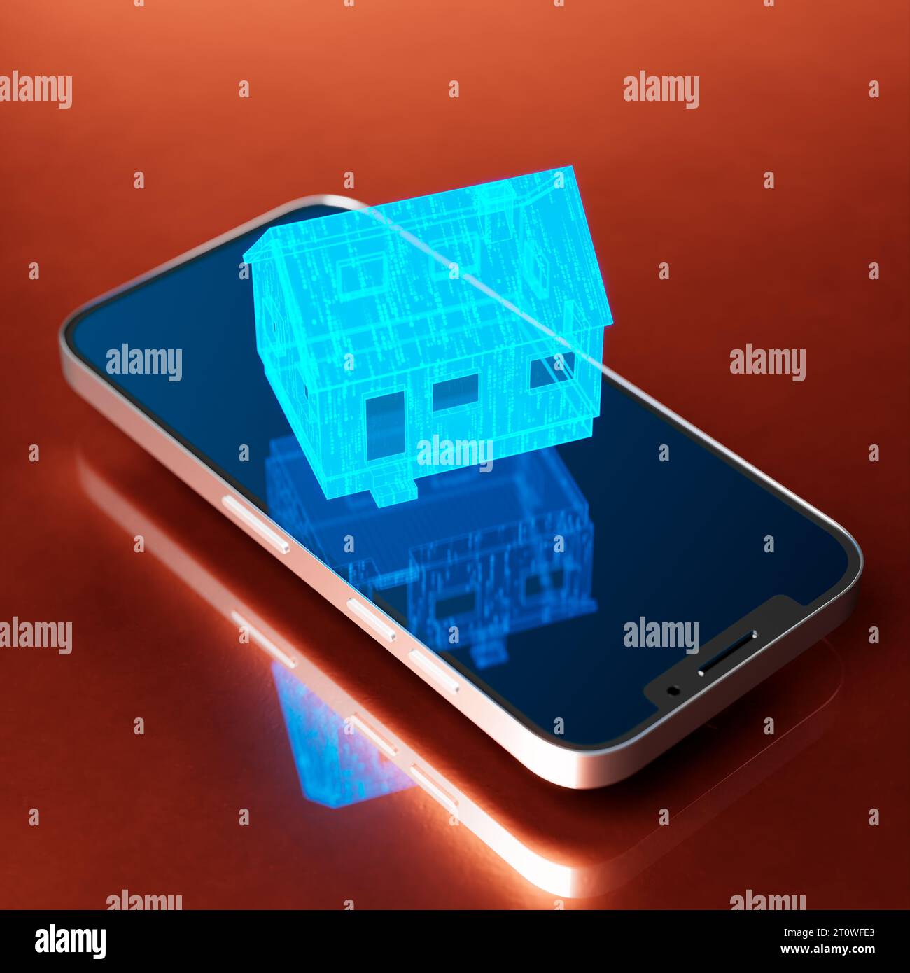Symbol für moderne Heimtechnik. Das blaue virtuelle Haus über dem Smartphone. Stockfoto