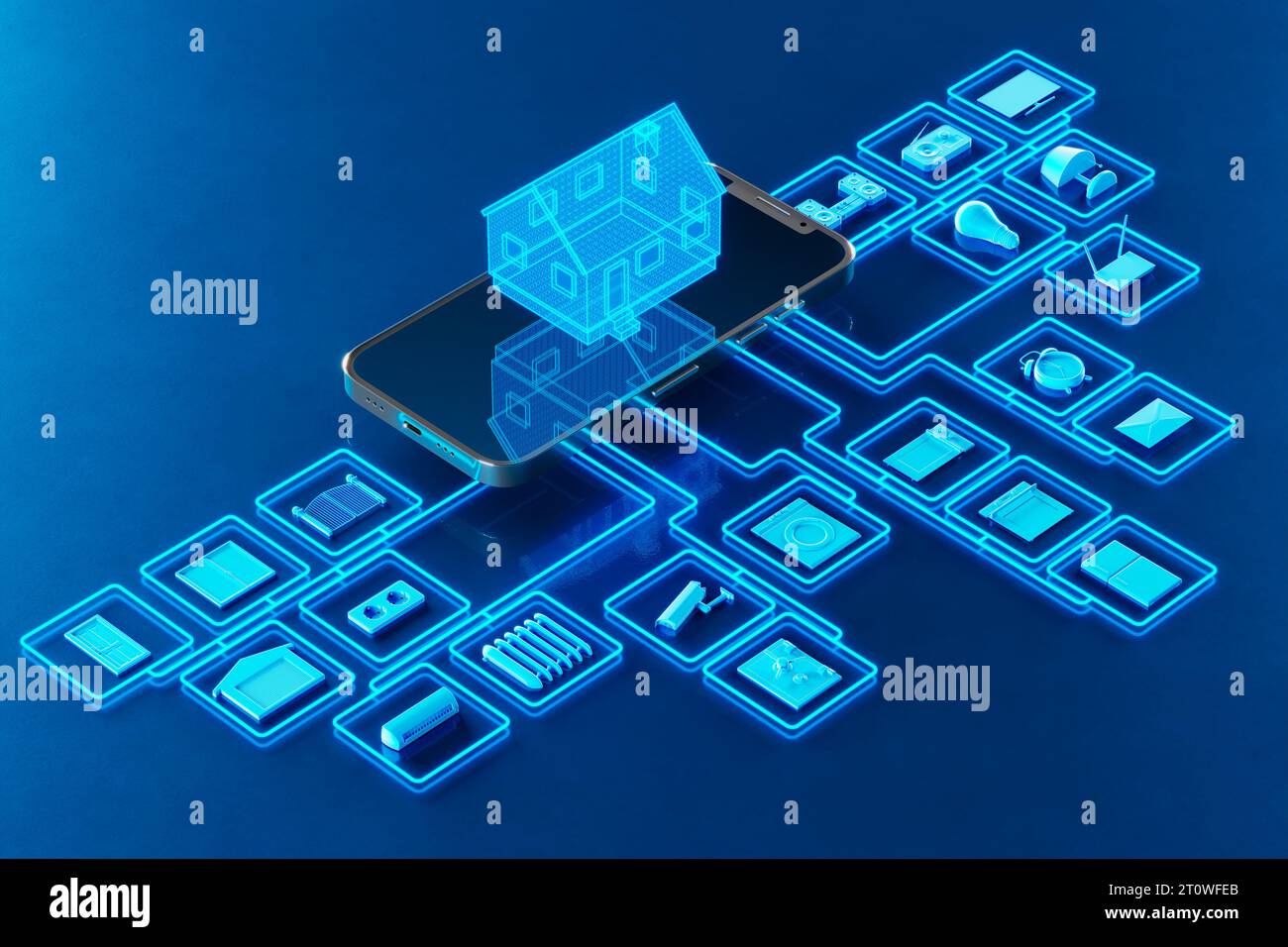 Blaues Diagramm für Verbindungen zwischen Haushaltsgeräten für Smart Home Assistant. Stockfoto