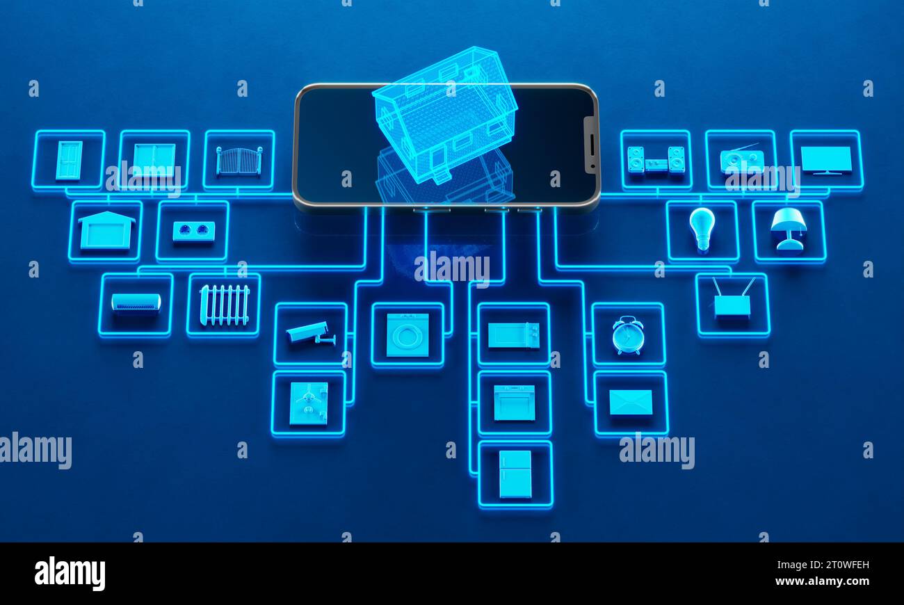 Blaues Diagramm für Verbindungen zwischen Haushaltsgeräten für Smart Home Assistant. Stockfoto