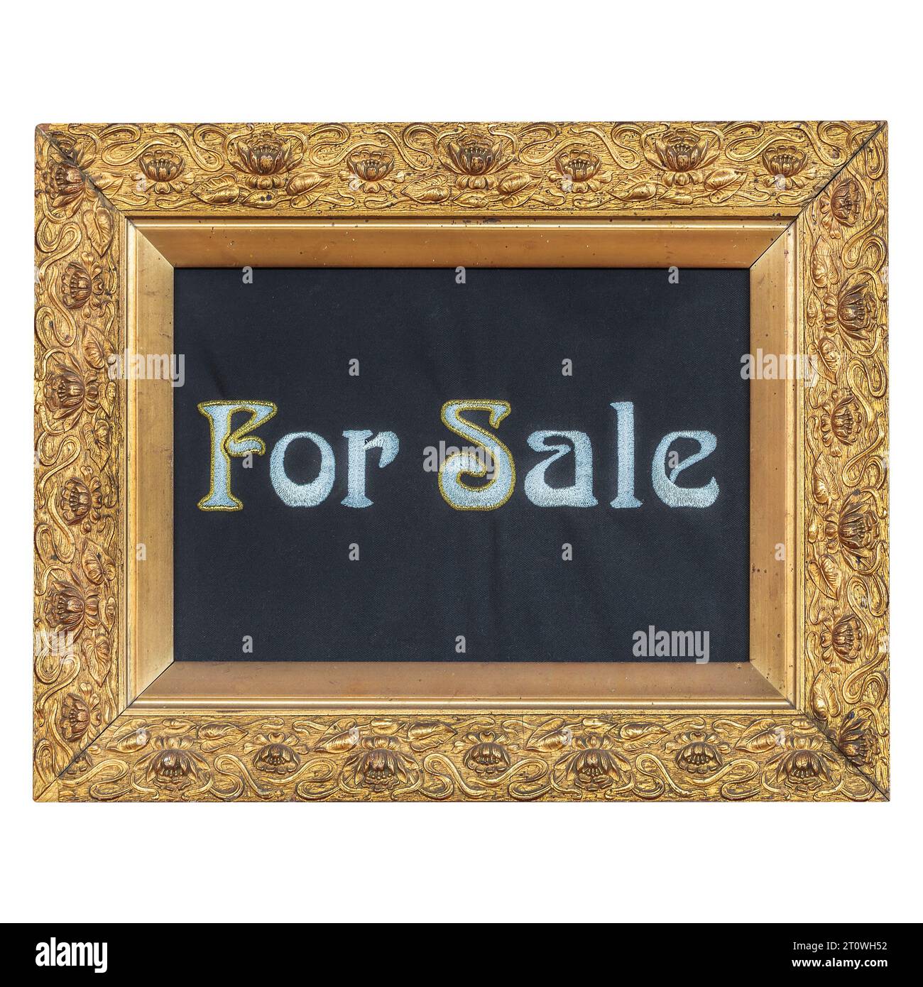 Antikes Schild zum Verkauf in einem alten goldenen Zierrahmen Stockfoto