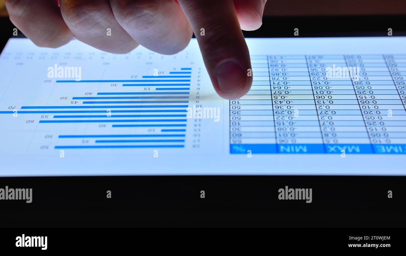 Hand-of-Trader-Scans an der Online-Börse von digitalen Tablets. Konzept für den geschäftlichen und finanziellen Erfolg. Nahaufnahme Stockfoto