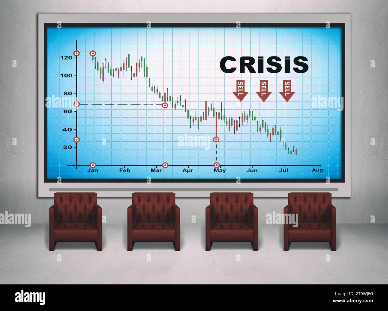 Krisendiagramm auf Bluescreen-Plasmableau und Stühlen im Büroinnenraum. Geschäfts- und Konkurskonzept. Stockfoto