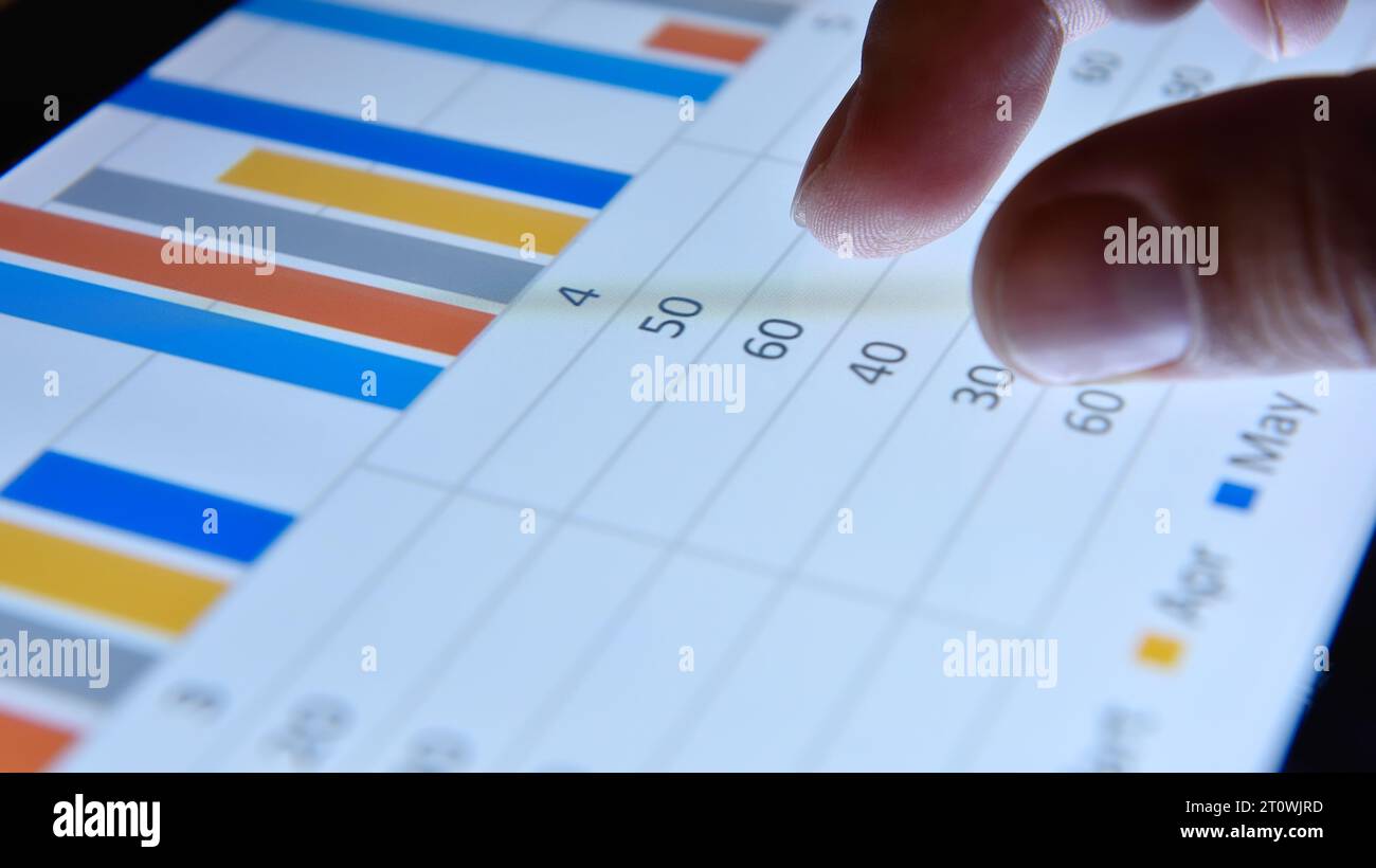 Hand des Händlers analysiert am Diagramm und überprüft den Geschäftsplan auf dem Tablet-Bildschirm. Investitions- und Finanzkonzept. Nahaufnahme Stockfoto