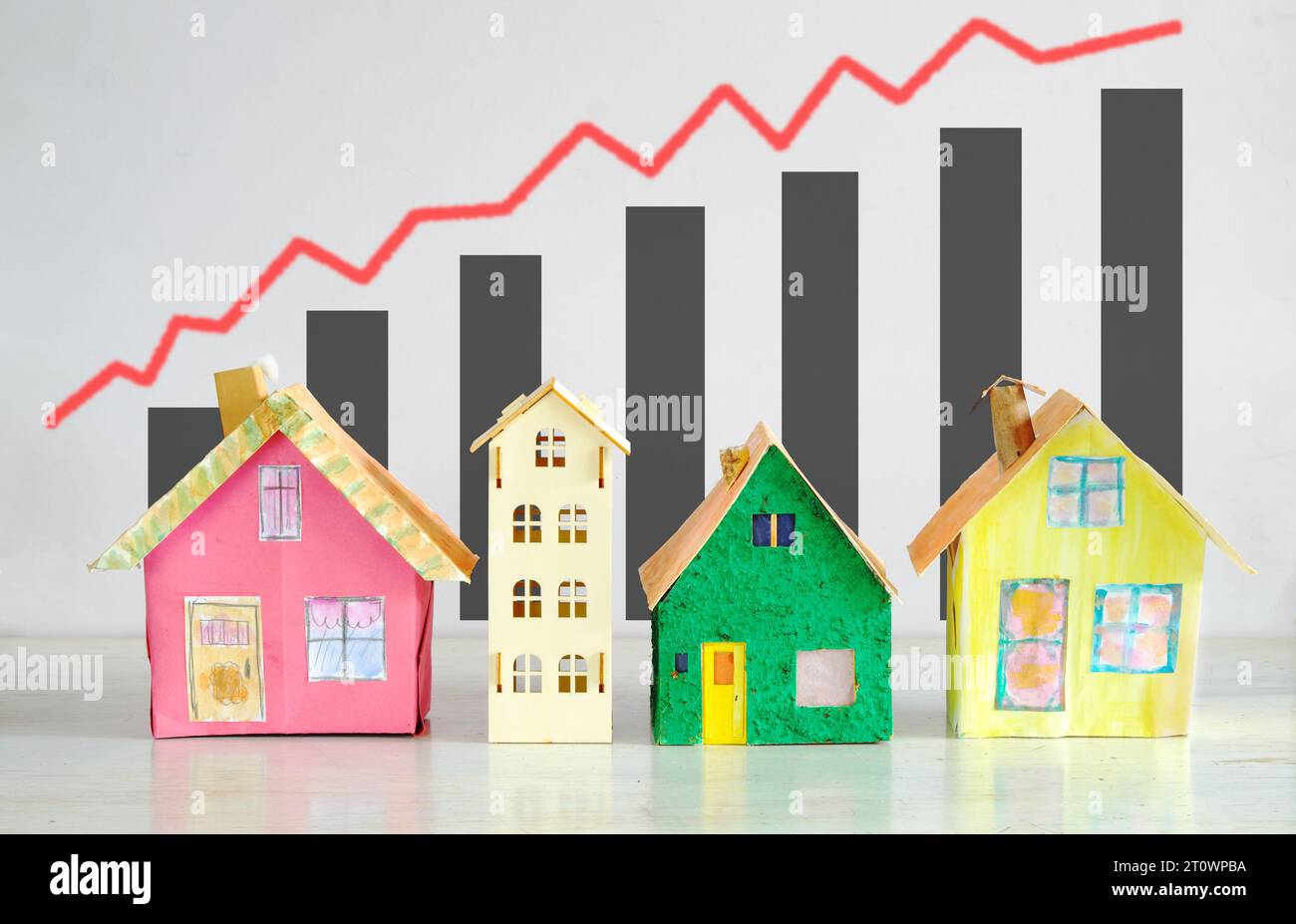 Steigende Mieten, Heizkosten und Preise für Häuser, Modellhäuser vor Finanzdiagrammen.Immobilienwirtschaftskonzept. Freier Kopierbereich Stockfoto