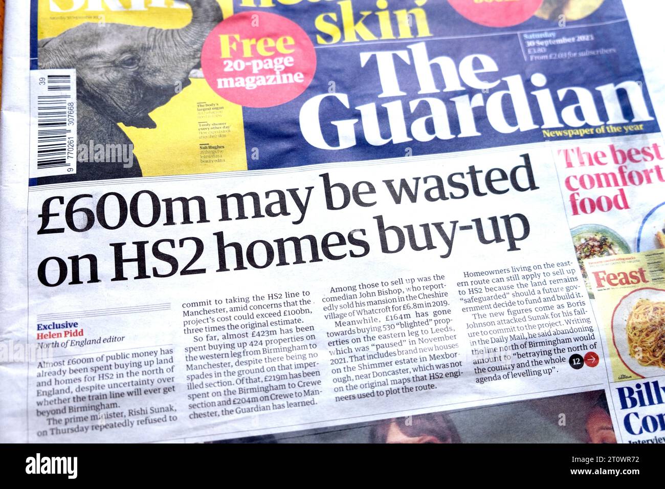 600 Mio. £ können für HS2 Homes Buy-up' Guardian Zeitung Titelseite der Überschrift des Schienenverkehrs artikel 30 September 2023 London England Großbritannien verschwendet werden Stockfoto