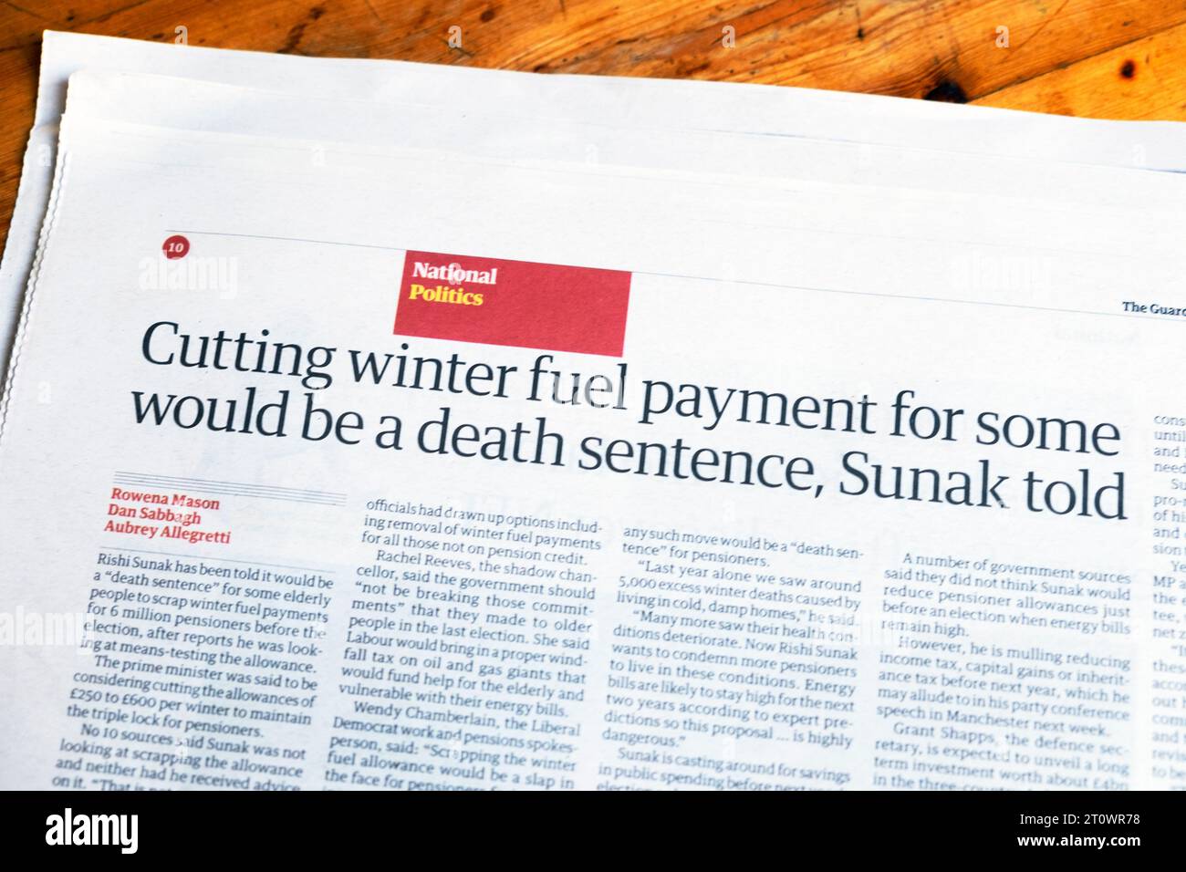 „Die Zahlung von Winterkraftstoff für einige zu kürzen wäre ein Todesurteil, sagte Sunak“ Guardian Zeitung Schlagzeile Politik Energie artikel 30 September 2023 Großbritannien Stockfoto