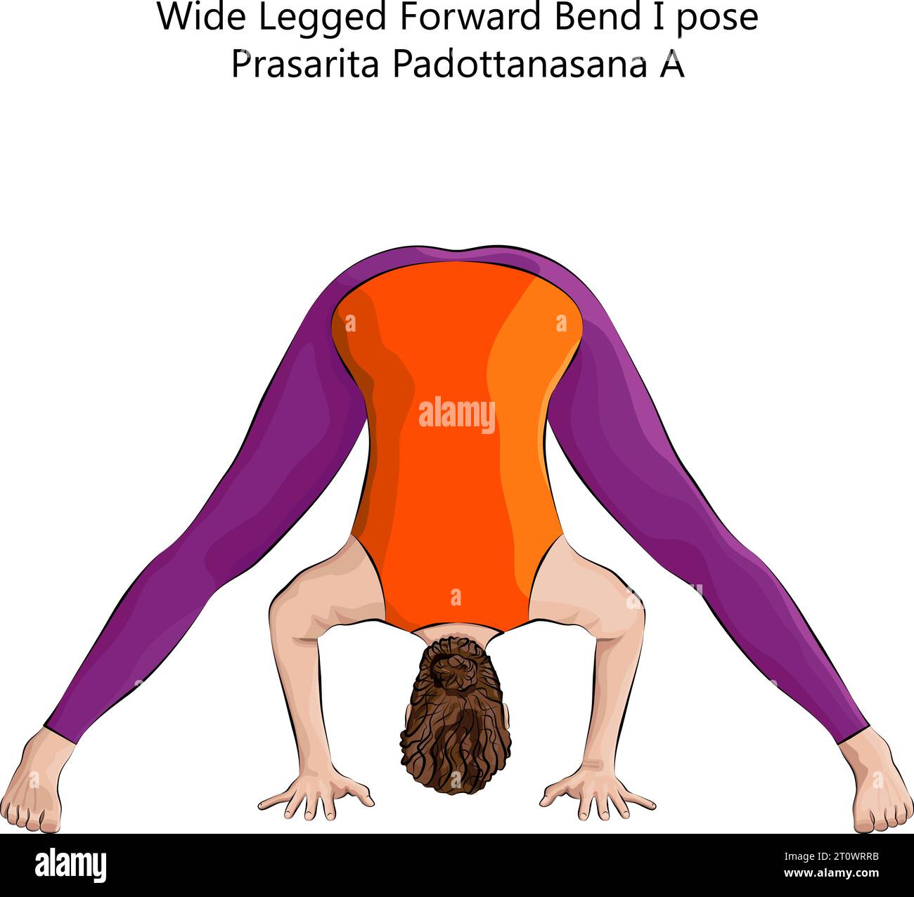 Junge Frau beim Yoga Prasarita Padottanasana A. Weitbeinige Forward Bend Pose. Mittlere Schwierigkeit. Isolierte Vektordarstellung. Stock Vektor