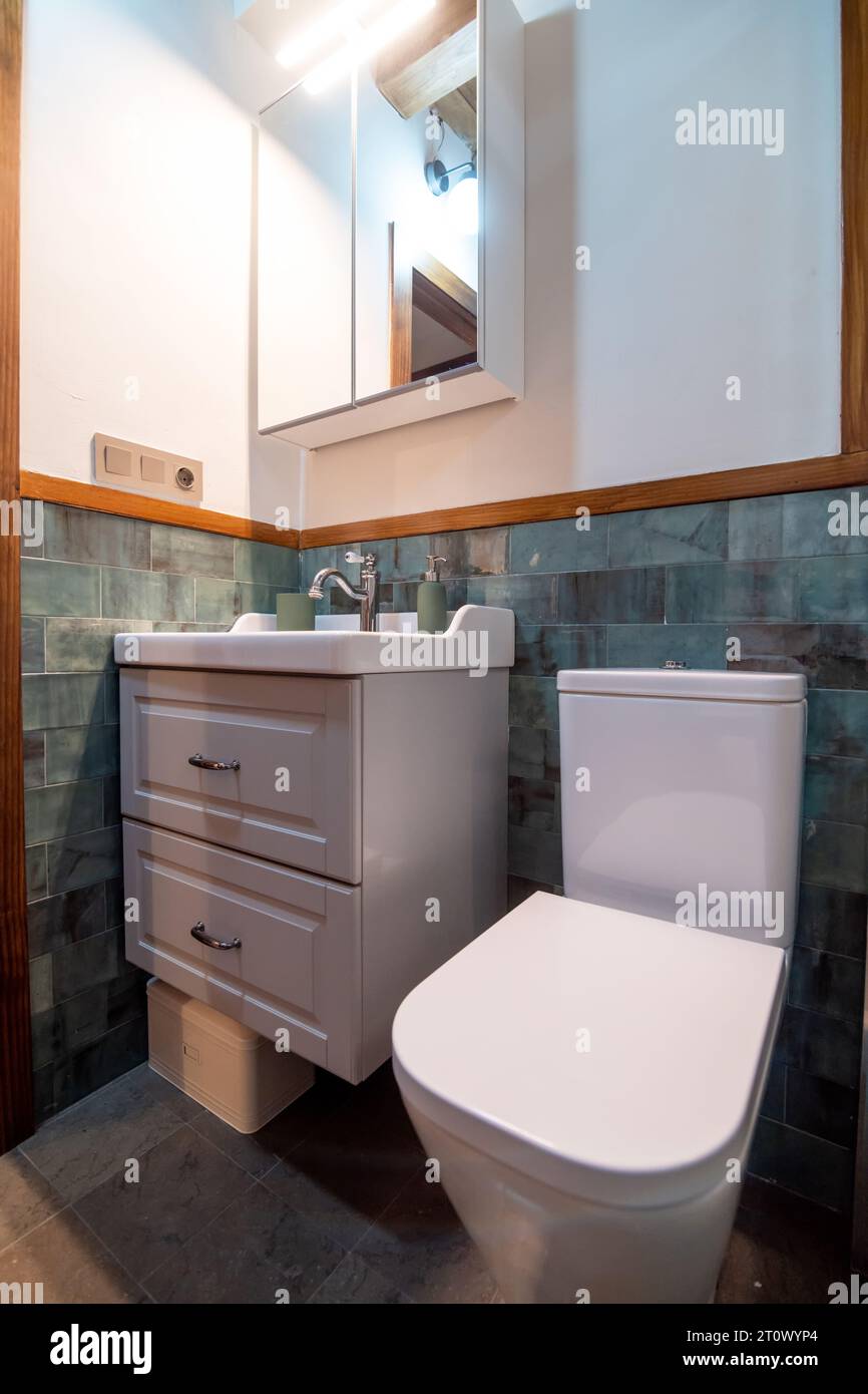 Innenausstattung mit hellem, modernem Badezimmer in minimalistischem Stil mit Glasdusche Stockfoto