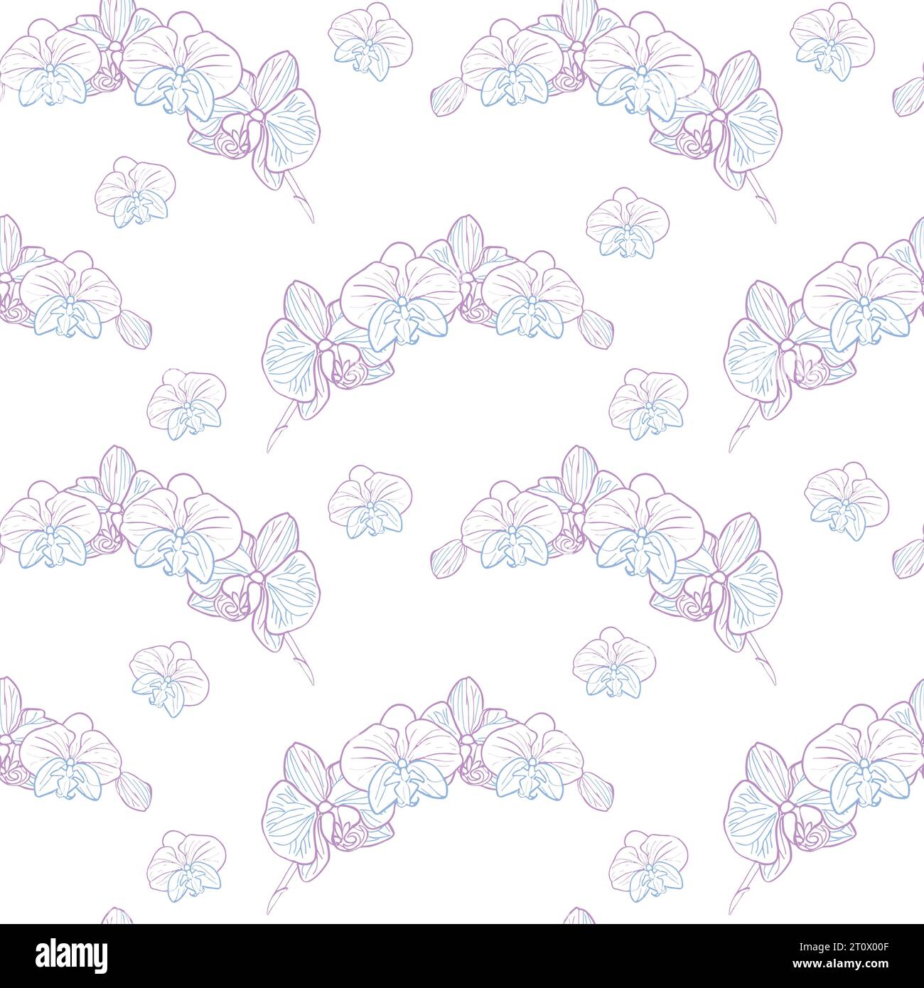 Nahtloses Muster der tropischen Orchideenblume, handgezeichneter Blumenkopf in Pastellblau und Rosa. Vektorhintergrund für Oberflächengestaltung oder Textil. Stock Vektor