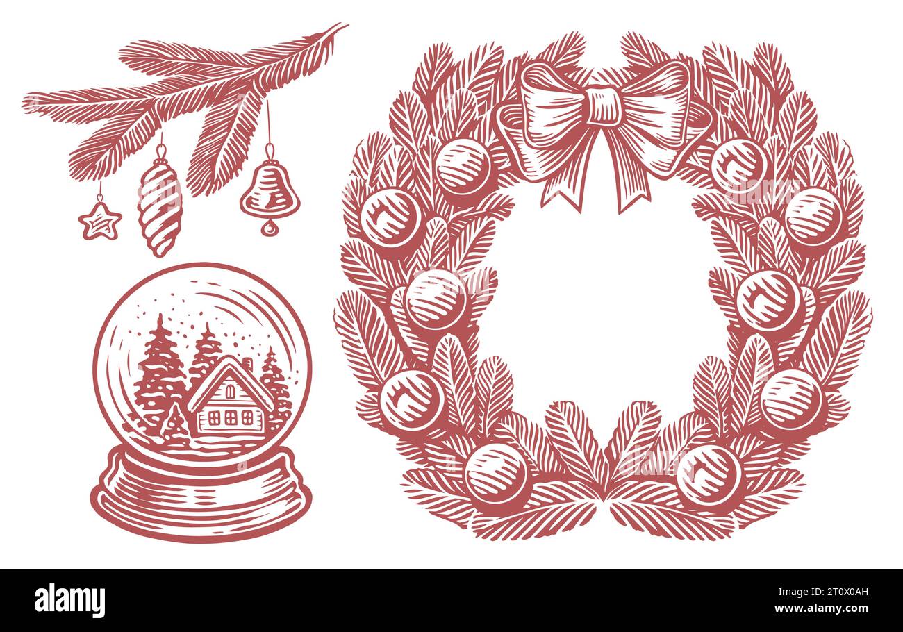 Weihnachtskranz, Glaskugel mit Schnee, Tannenzweig mit Dekoration. Legen Sie Vektorillustrationen für Vintage-Skizzen fest Stock Vektor