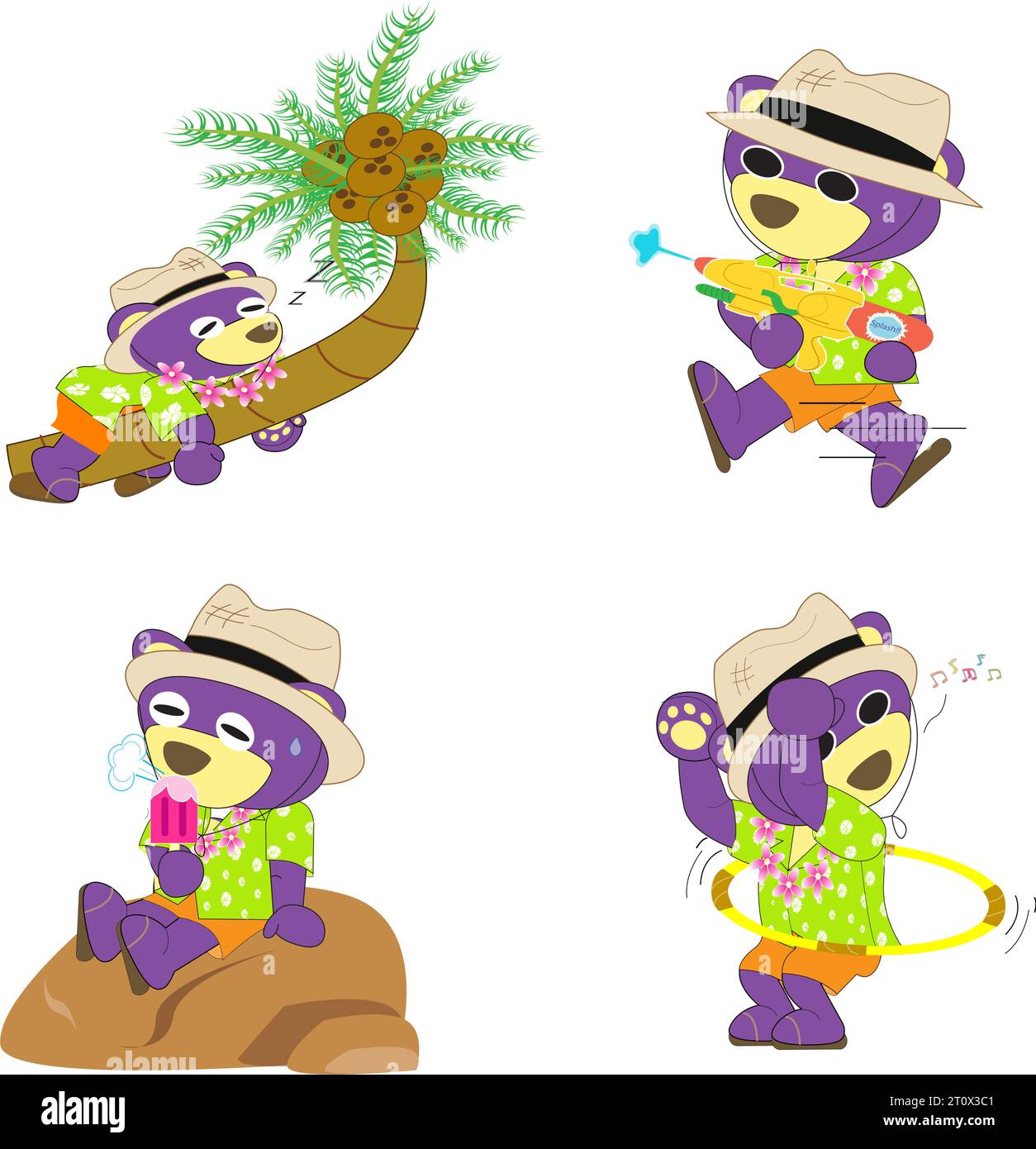 Mr. Purple Bär trägt das hawaiianische Hemd und die lustigen Aktivitäten im Sommer 2 Stock Vektor