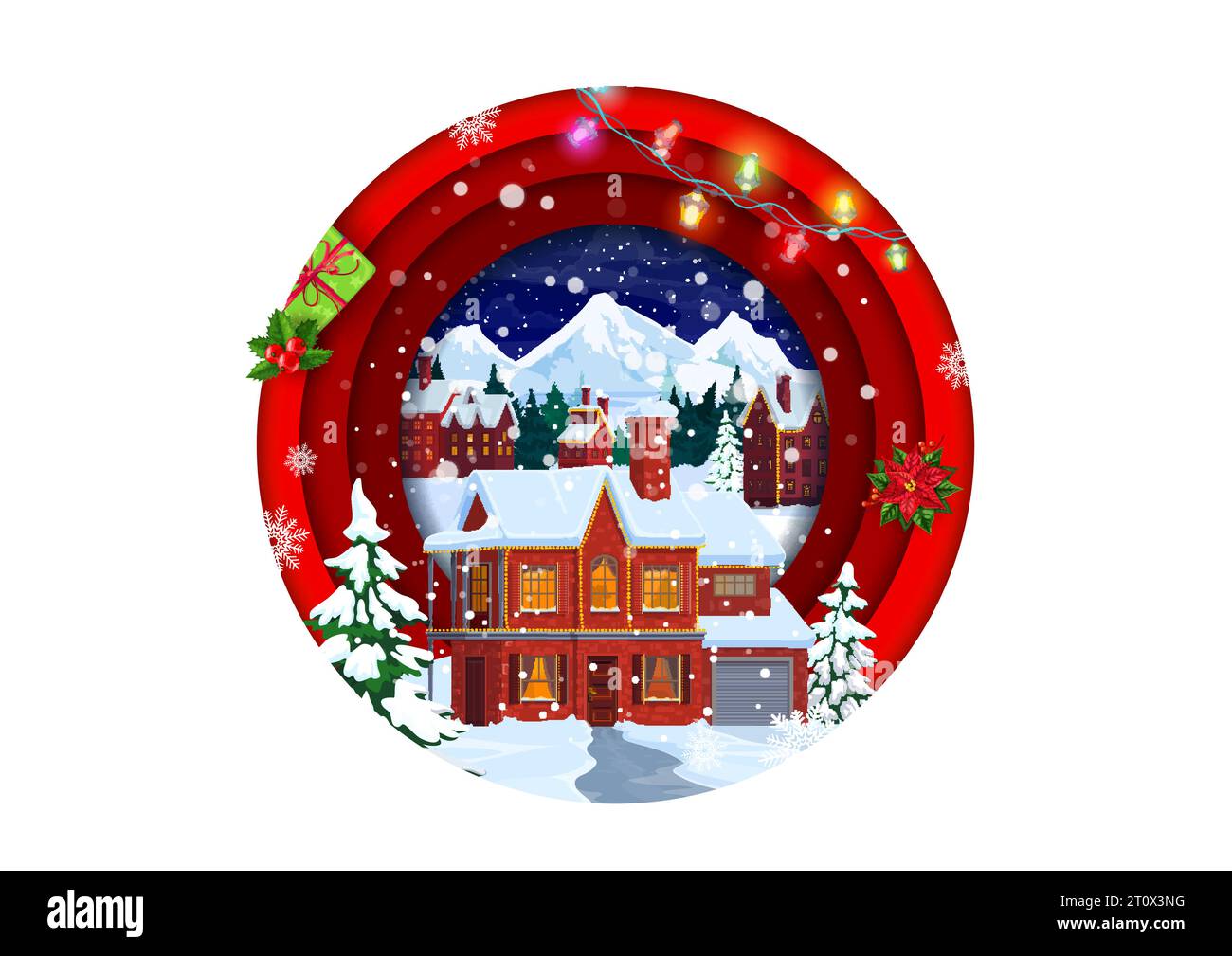 Weihnachtspapier geschnittene Landschaft mit Winterhausbau und Geschenke, Vektor Frohe Feiertage. Weihnachtsdorf oder -Stadt mit verschneiten Häusern im Kreis aus 3D-Schichten, Weihnachtslichtern, Geschenken und Schneeflocken Stock Vektor