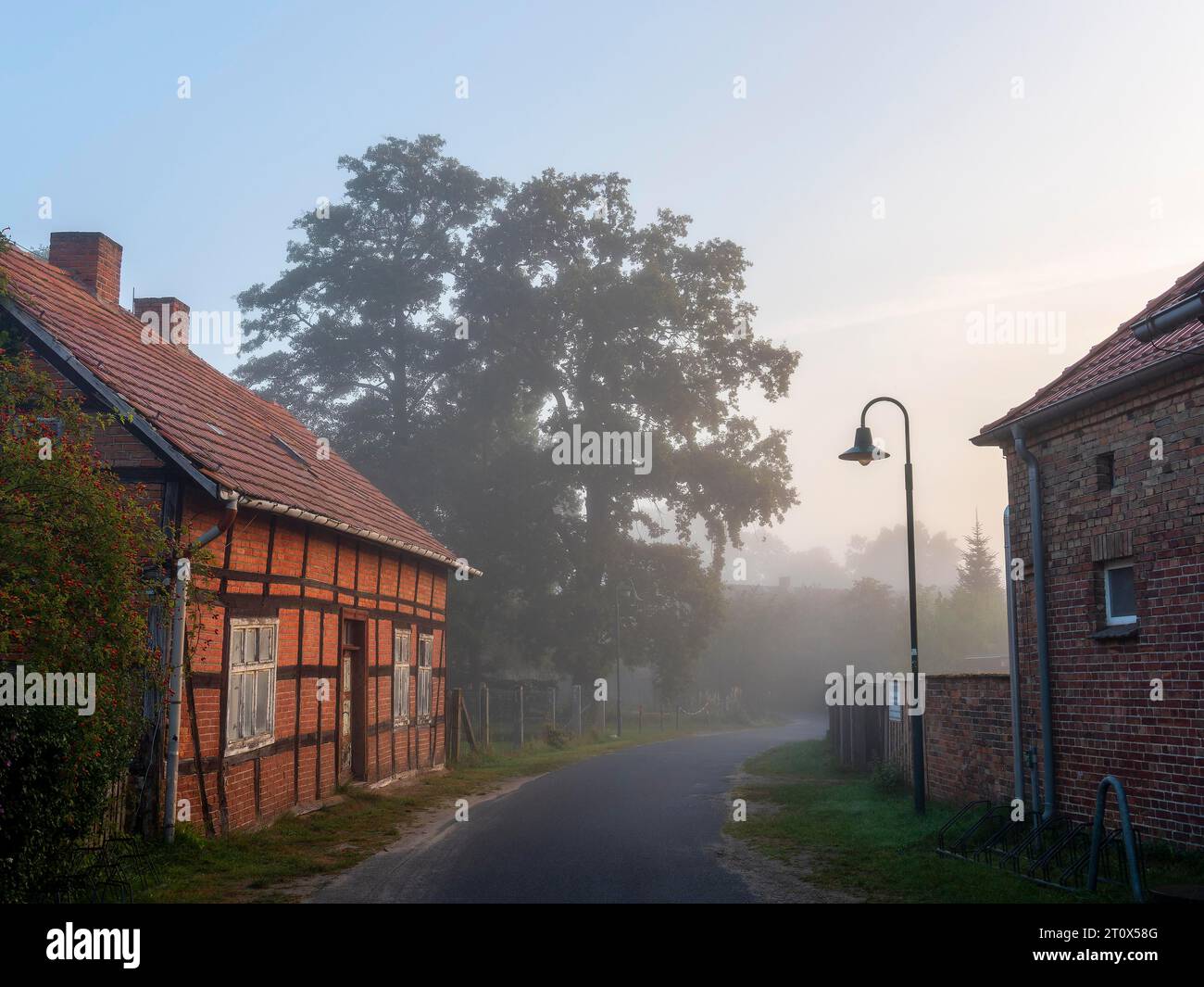 Altes Bauernhaus in der Dorfstraße, Fachwerkwerk mit Ziegeln, Laterne, Morgennebel, Schlepzig, Spreewald, Brandenburg, Deutschland Stockfoto