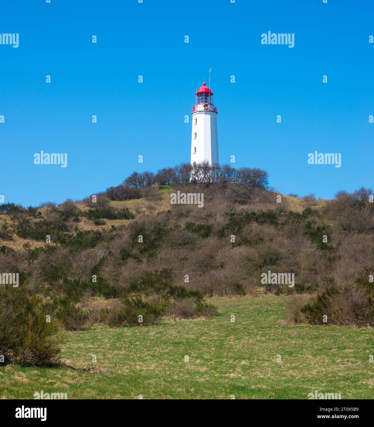 Denkmalgeschützter Leuchtturm oder Leuchtturm Dornbusch am Schluckswiek oder Schluckwieksberg, Hochland im Norden der Ostseeinsel Hiddensee, früh Stockfoto