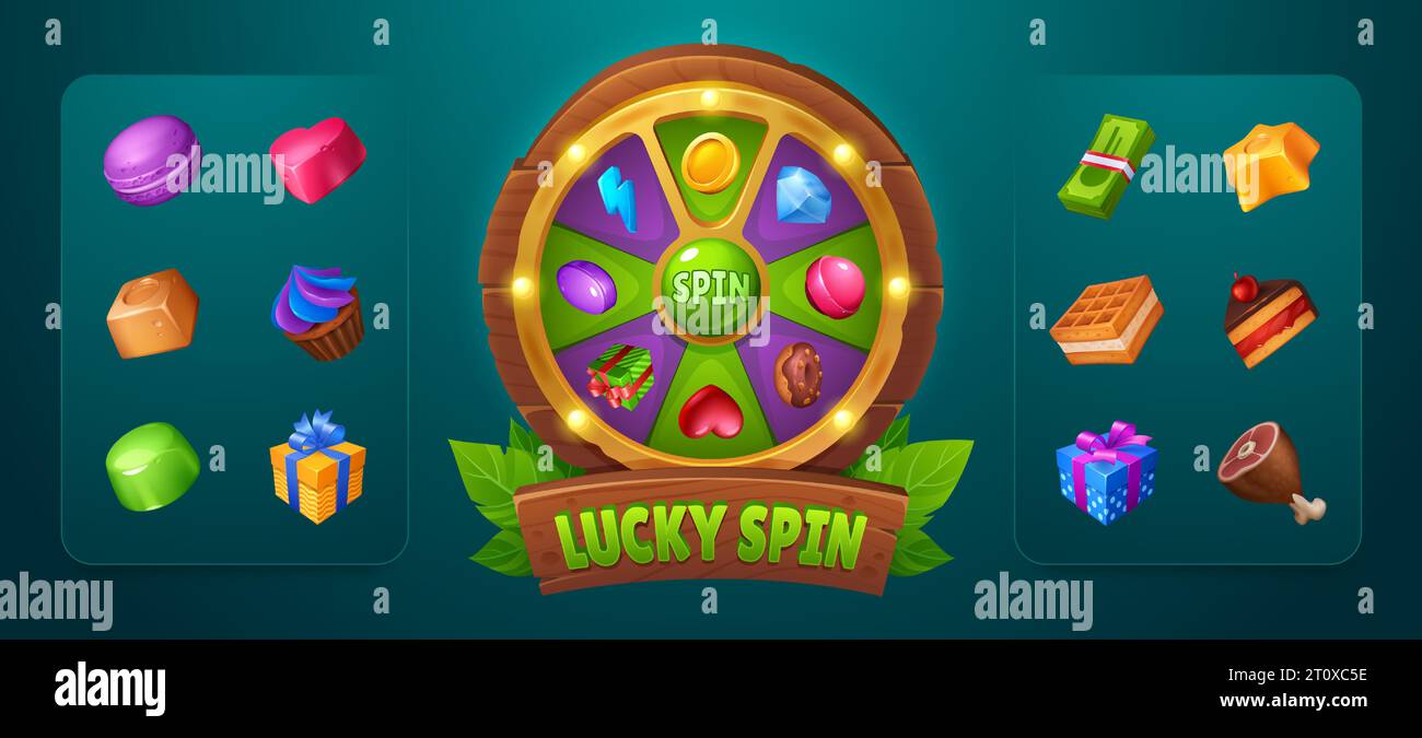 Design-Element für die Benutzeroberfläche des Spinnspiels. Hölzernes Glücksrad oder Kasino-Glücksspielroulette, dekoriert mit Lichtern mit einer Sammlung von Preissymbolen. Cartoonvektor-Illustration der gui für Rotationsspiele Stock Vektor
